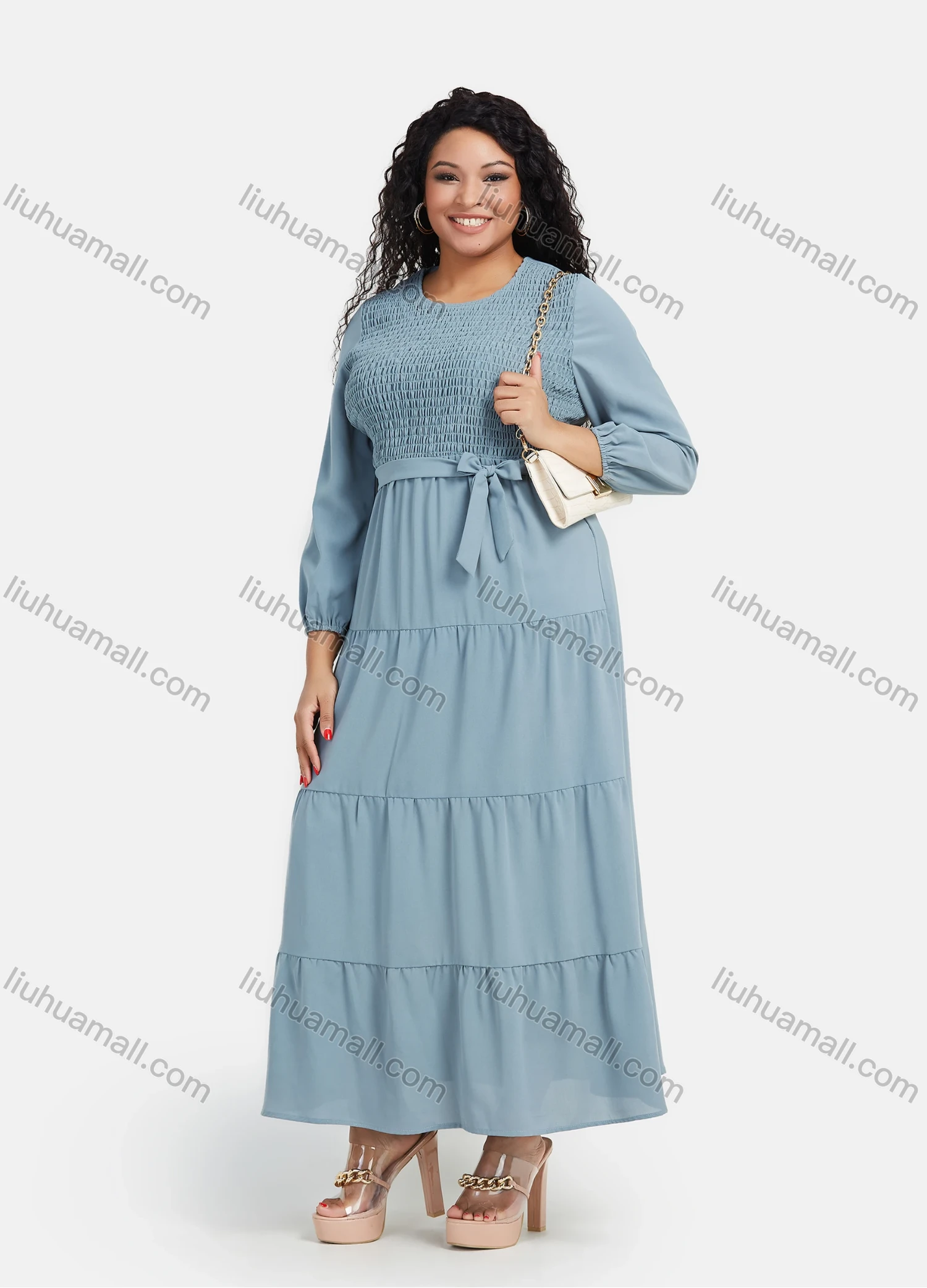 Wholesale Women's Casual Plain Round Neck Shirred Flared Hem Maxi Dress With Belt - Liuhuamall