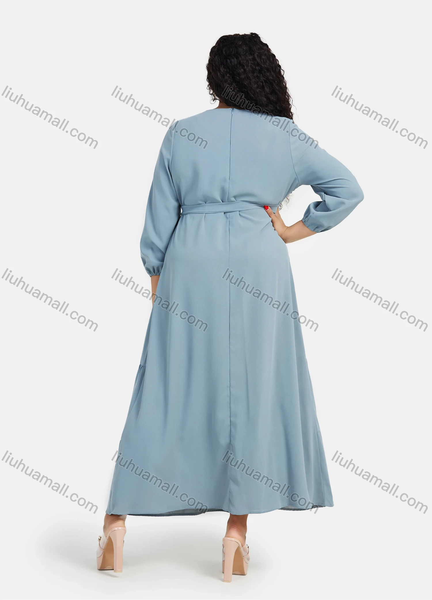 Wholesale Women's Casual Plain Round Neck Shirred Flared Hem Maxi Dress With Belt - Liuhuamall