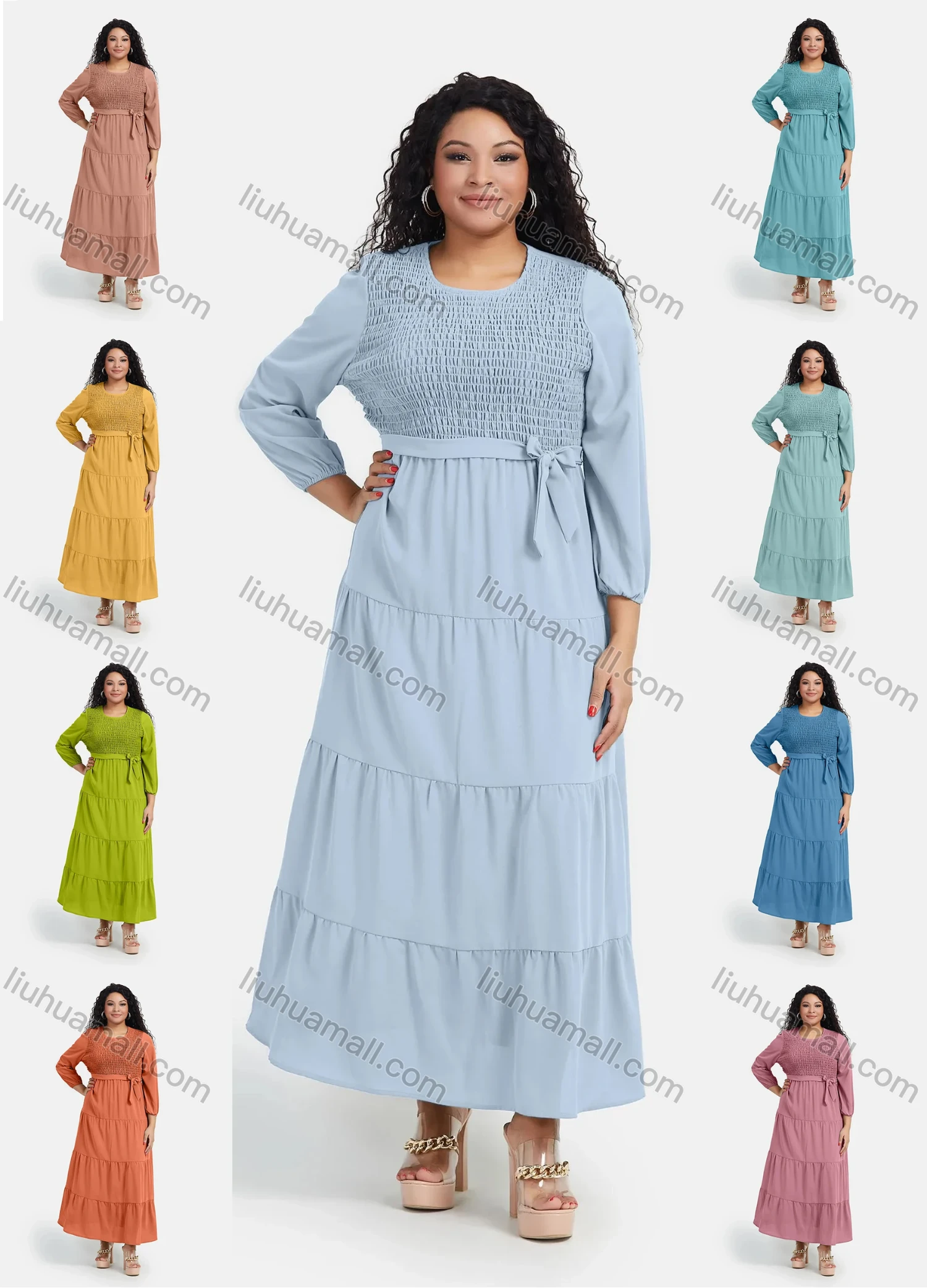 Wholesale Women's Casual Plain Round Neck Shirred Flared Hem Maxi Dress With Belt - Liuhuamall