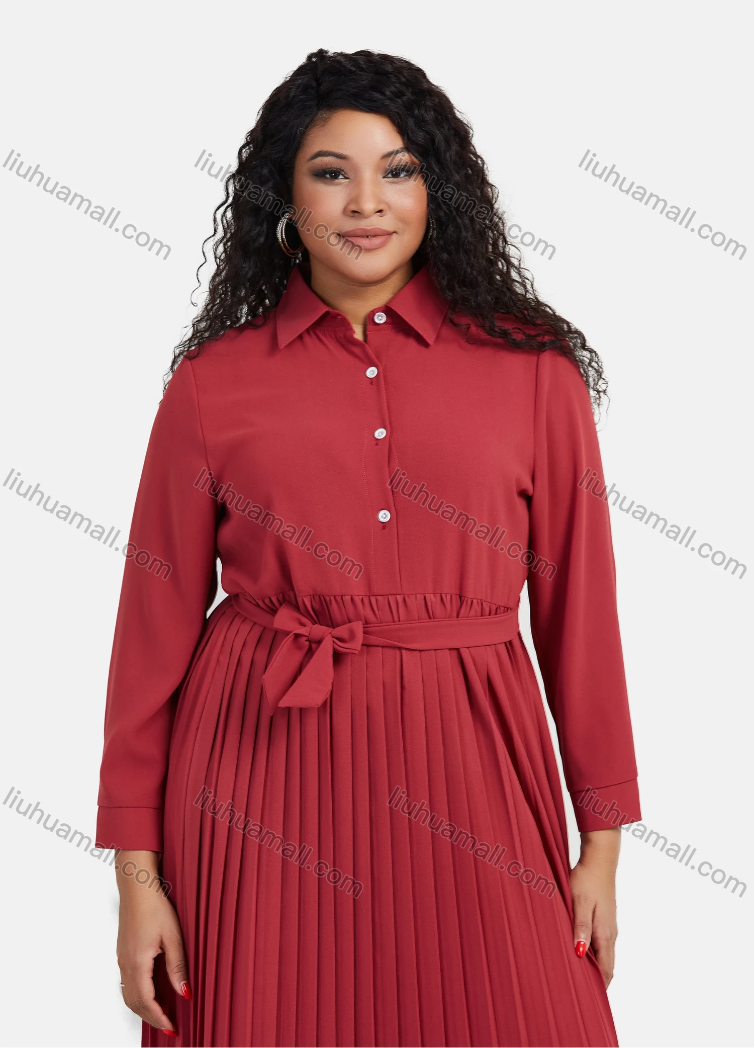 Wholesale Women's Plain Casual Button Front Long Sleeve Pleated Maxi Shirt Dress With Belt - Liuhuamall