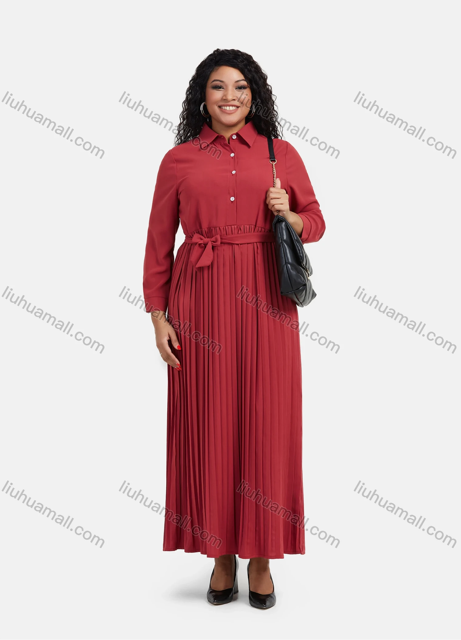 Wholesale Women's Plain Casual Button Front Long Sleeve Pleated Maxi Shirt Dress With Belt - Liuhuamall