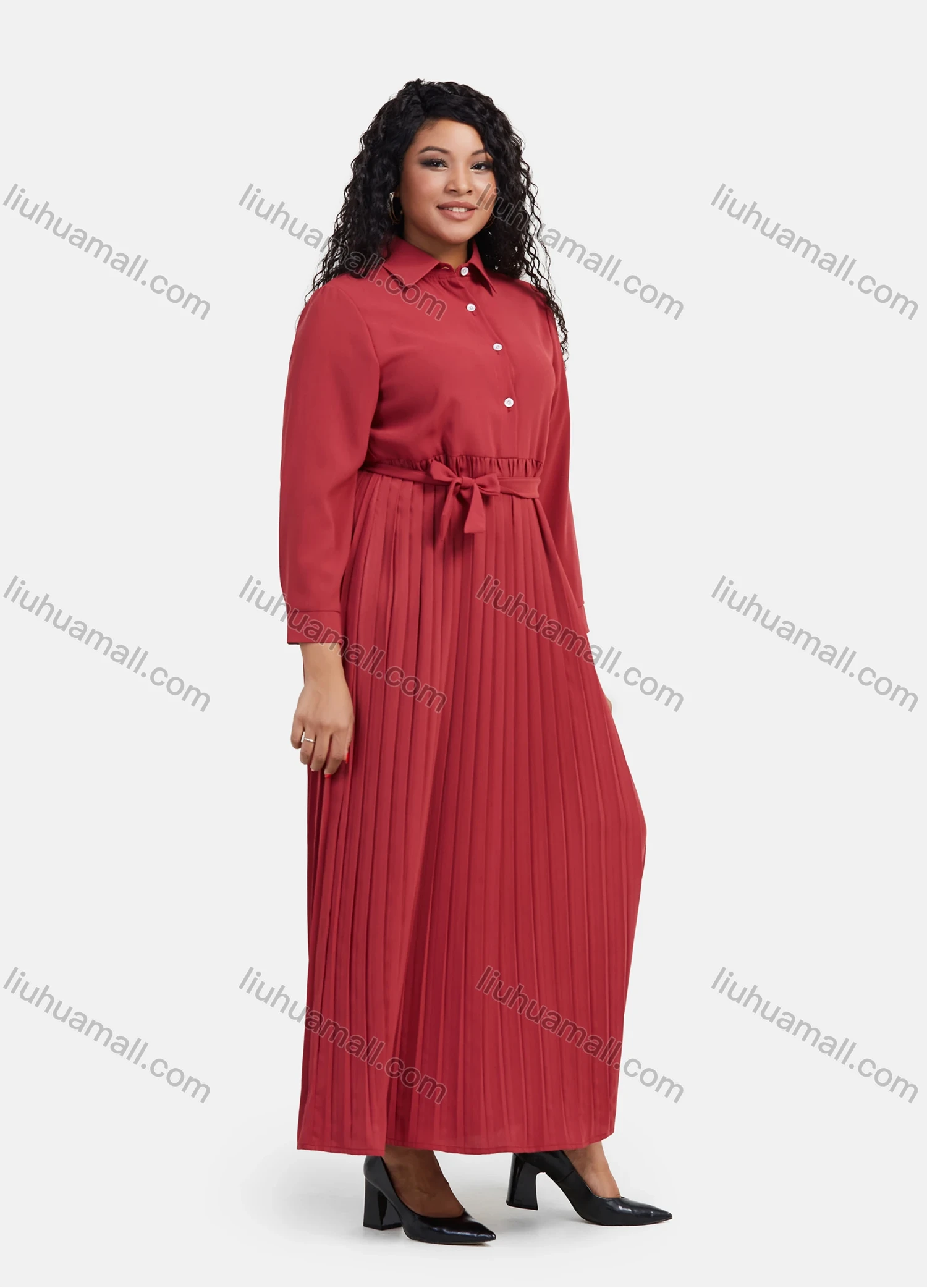 Wholesale Women's Plain Casual Button Front Long Sleeve Pleated Maxi Shirt Dress With Belt - Liuhuamall