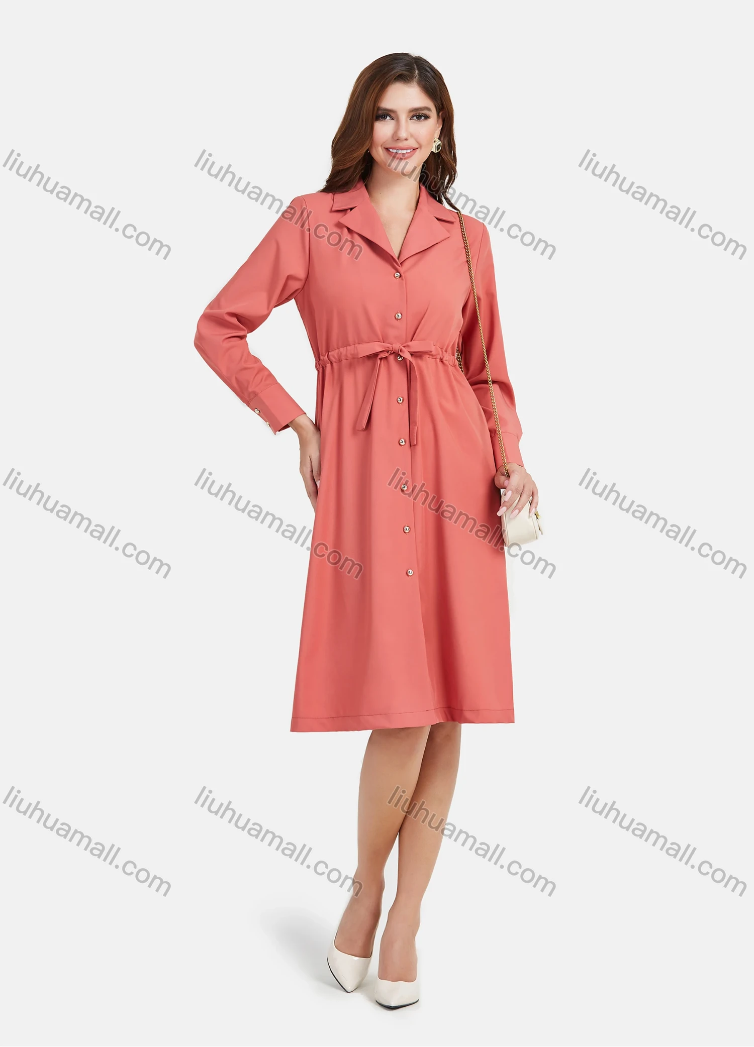 Wholesale Women's Casual Plain Lapel Button Down Long Sleeve Knee Length Shirt Dress With Belt - Liuhuamall