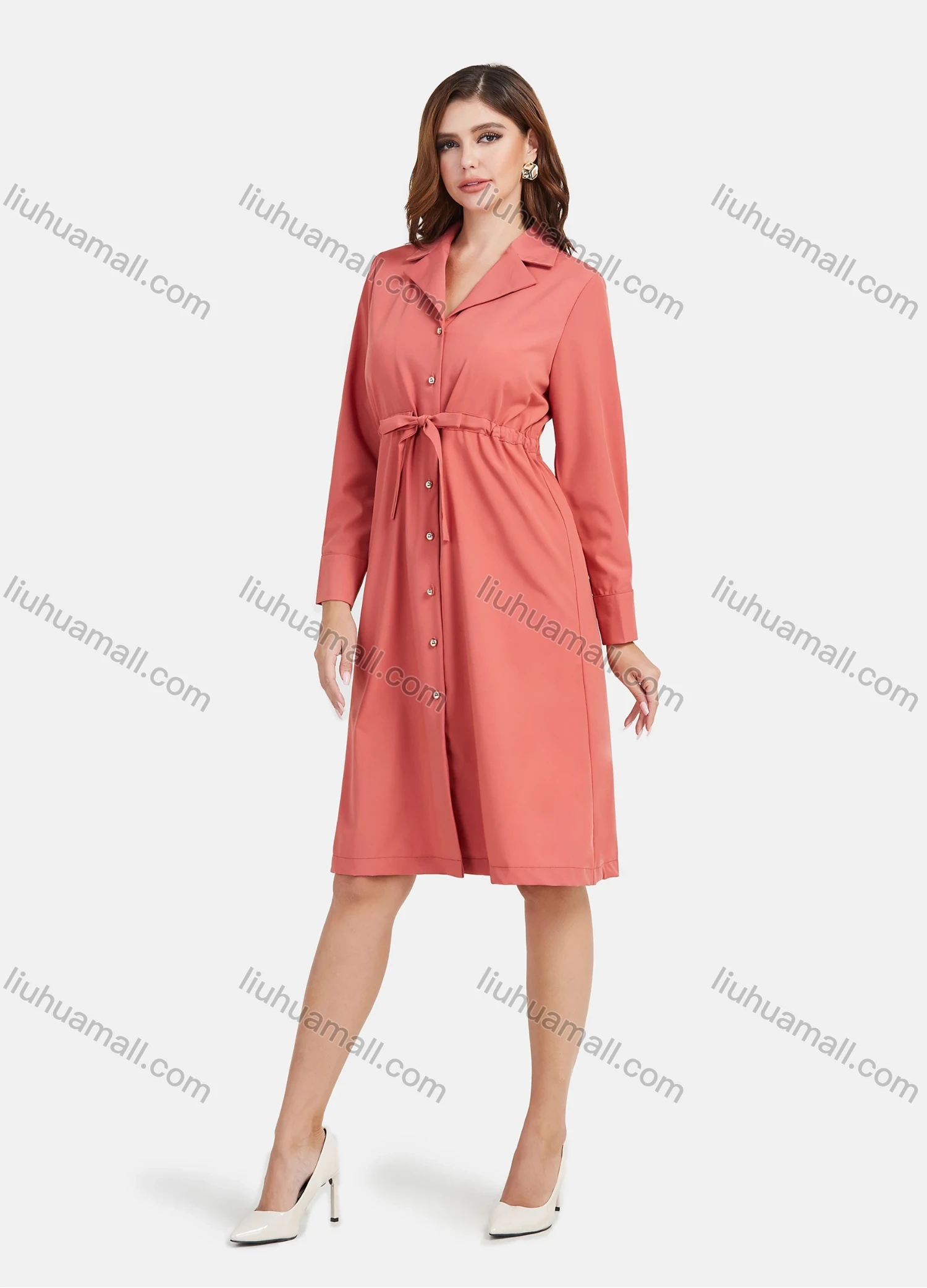 Wholesale Women's Casual Plain Lapel Button Down Long Sleeve Knee Length Shirt Dress With Belt - Liuhuamall