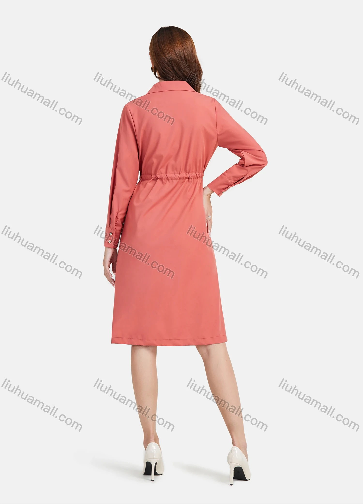 Wholesale Women's Casual Plain Lapel Button Down Long Sleeve Knee Length Shirt Dress With Belt - Liuhuamall