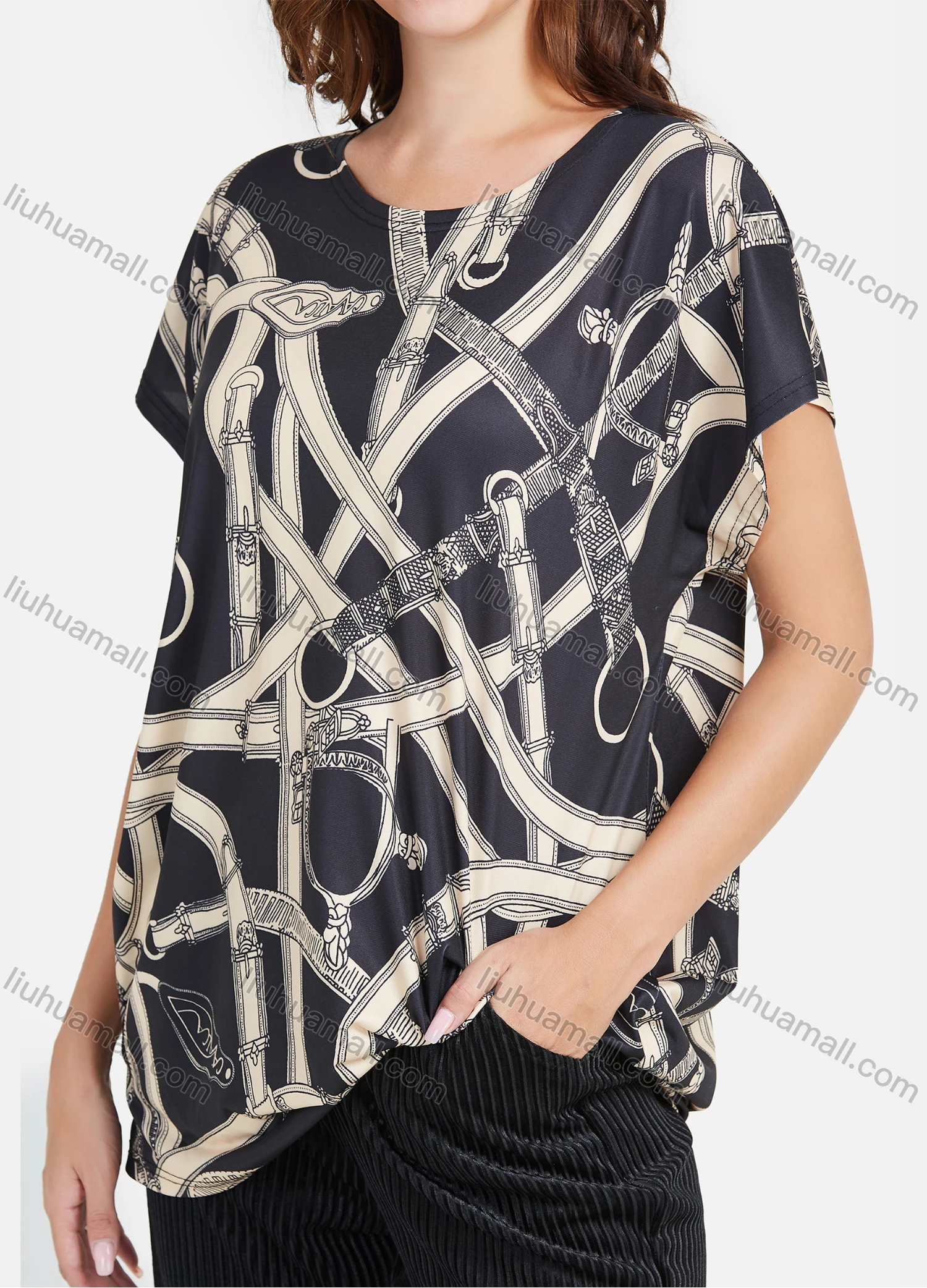 Wholesale Women's Casual Abstract Print Short Sleeve Round Neck Mid Length Blouse 2021-5# - Liuhuamall