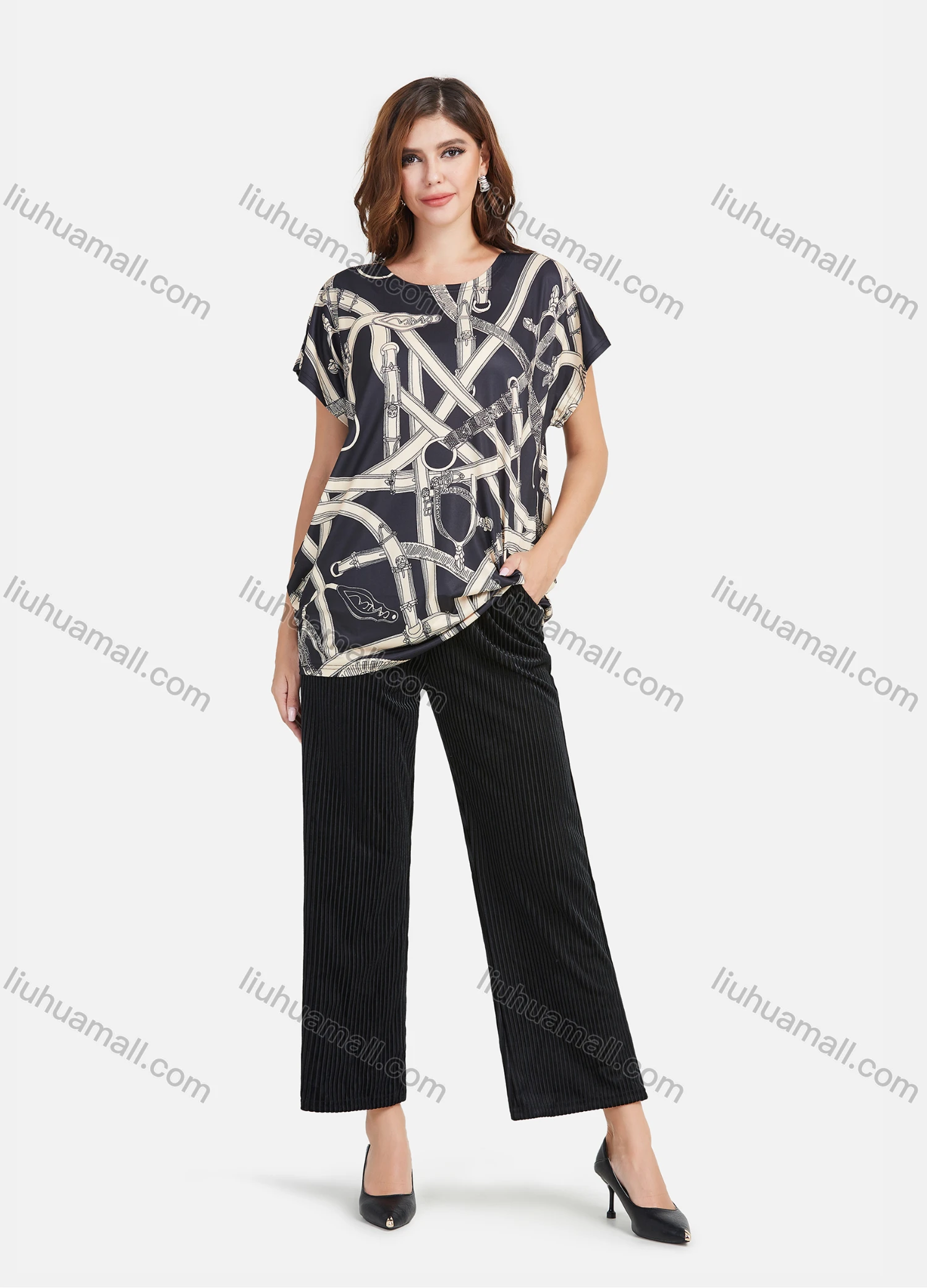 Wholesale Women's Casual Abstract Print Short Sleeve Round Neck Mid Length Blouse 2021-5# - Liuhuamall