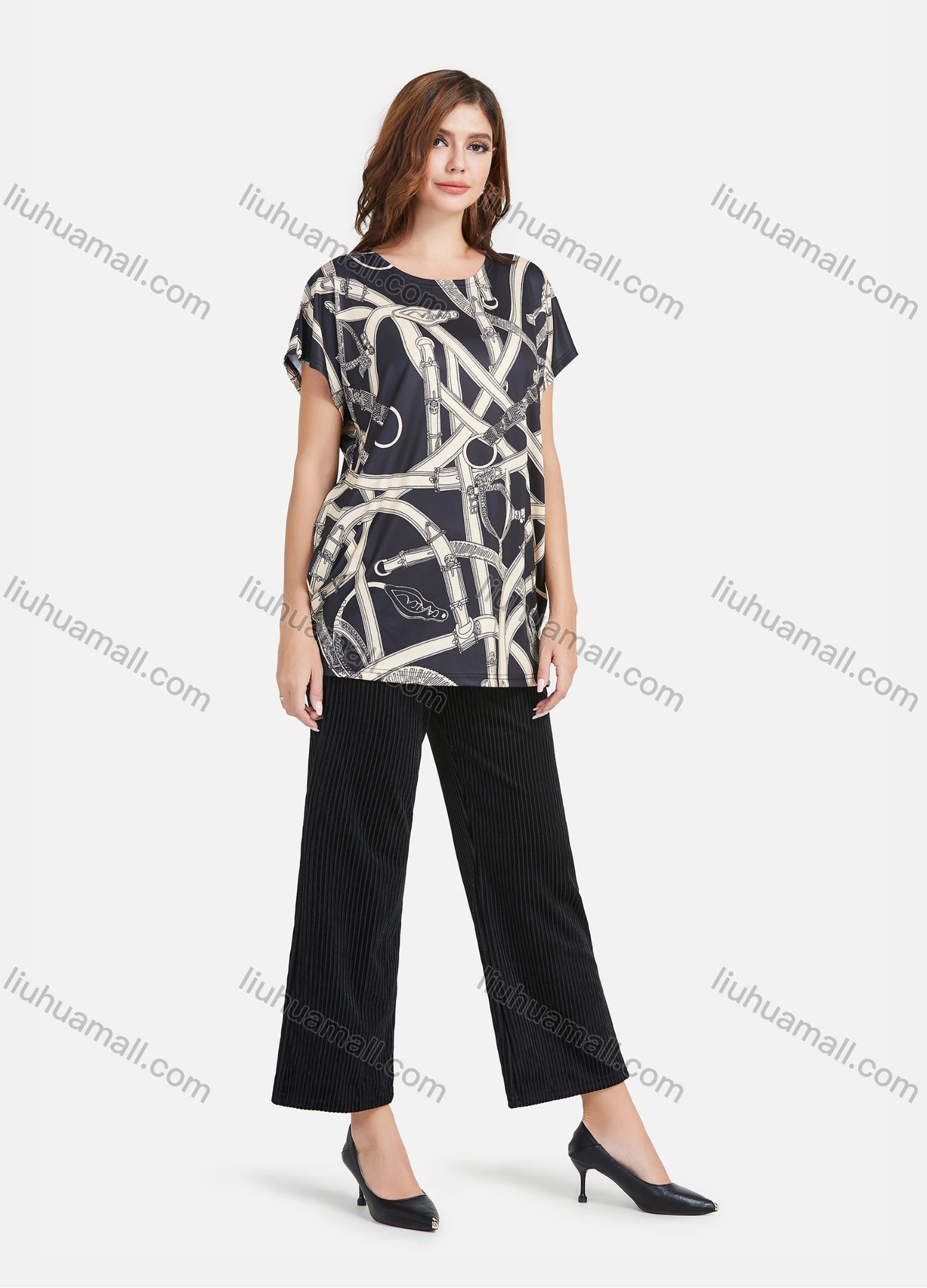 Wholesale Women's Casual Abstract Print Short Sleeve Round Neck Mid Length Blouse 2021-5# - Liuhuamall