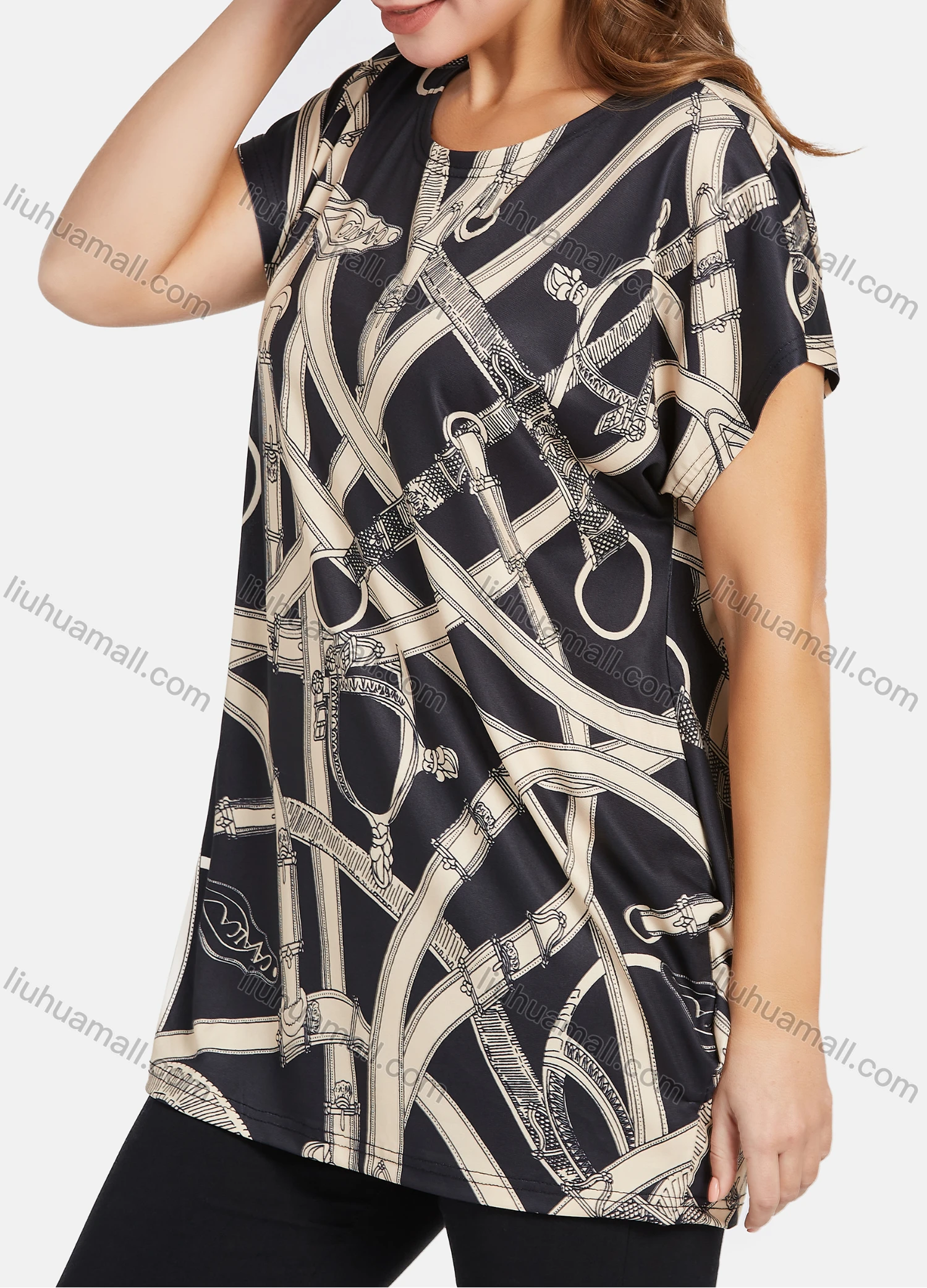 Wholesale Women's Casual Abstract Print Short Sleeve Round Neck Mid Length Blouse 2021-5# - Liuhuamall