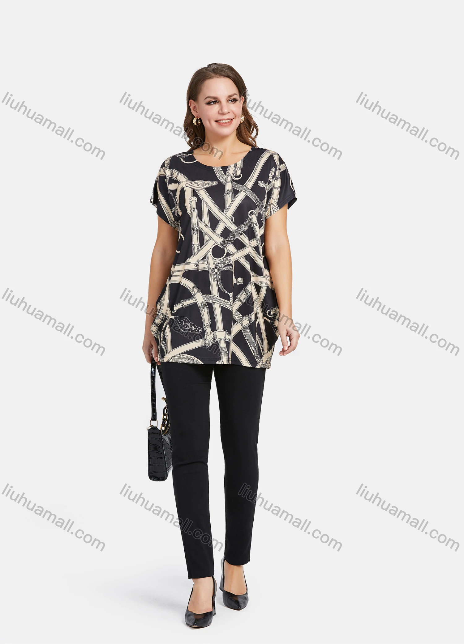 Wholesale Women's Casual Abstract Print Short Sleeve Round Neck Mid Length Blouse 2021-5# - Liuhuamall