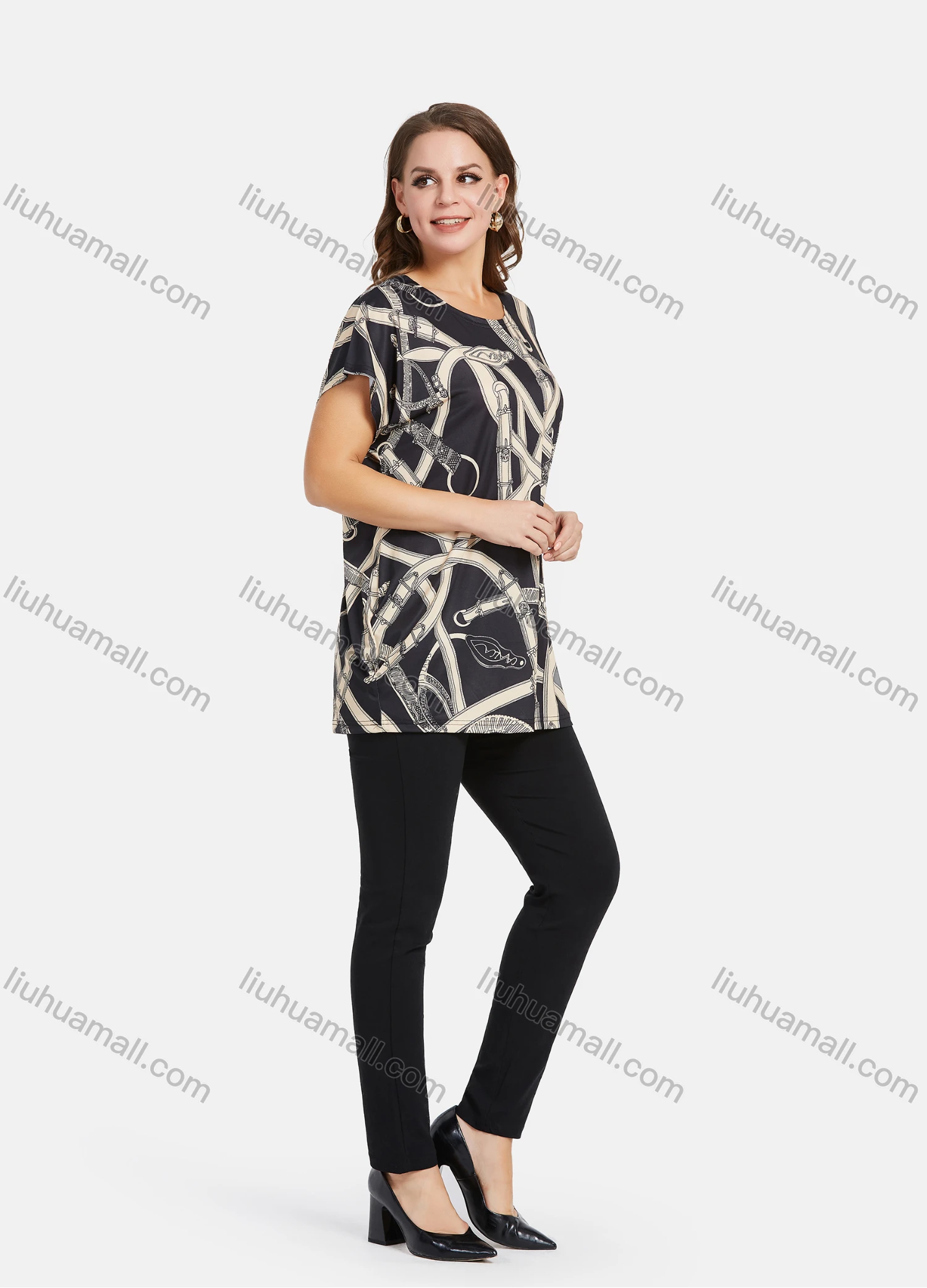 Wholesale Women's Casual Abstract Print Short Sleeve Round Neck Mid Length Blouse 2021-5# - Liuhuamall