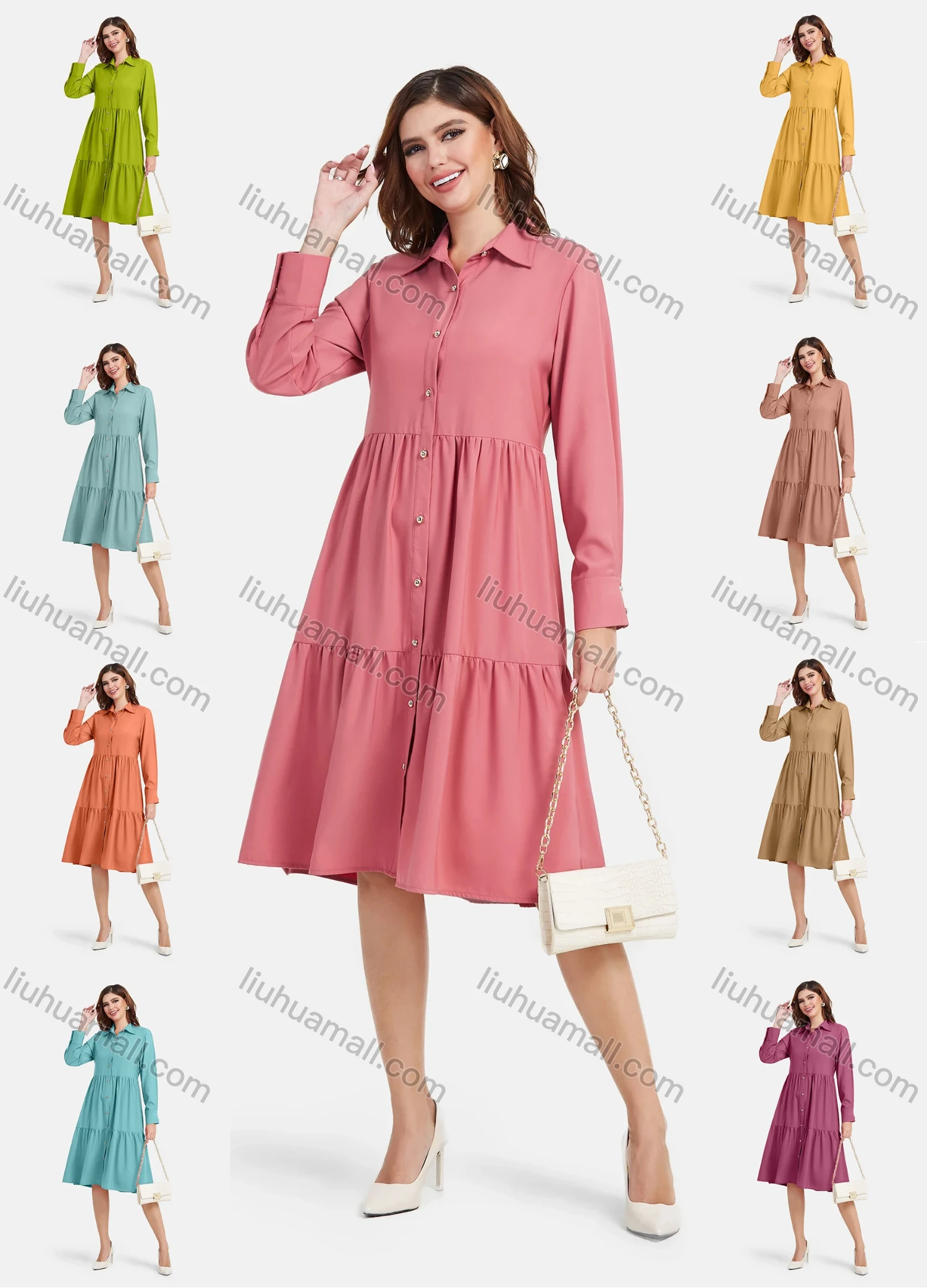 Wholesale Women's Plain Casual Button Down Long Sleeve Flared Hem Midi Shirt Dress - Liuhuamall