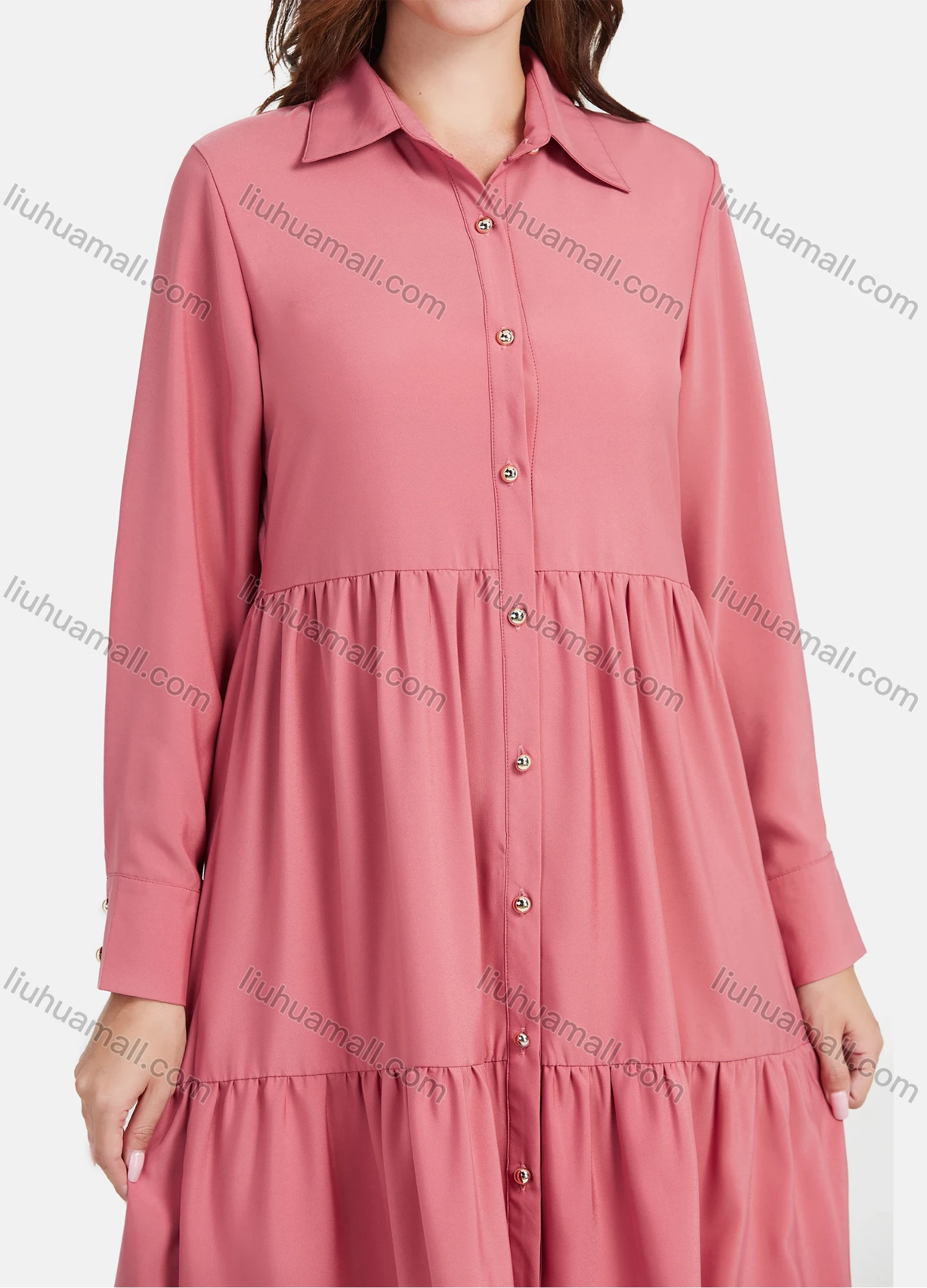 Wholesale Women's Plain Casual Button Down Long Sleeve Flared Hem Midi Shirt Dress - Liuhuamall