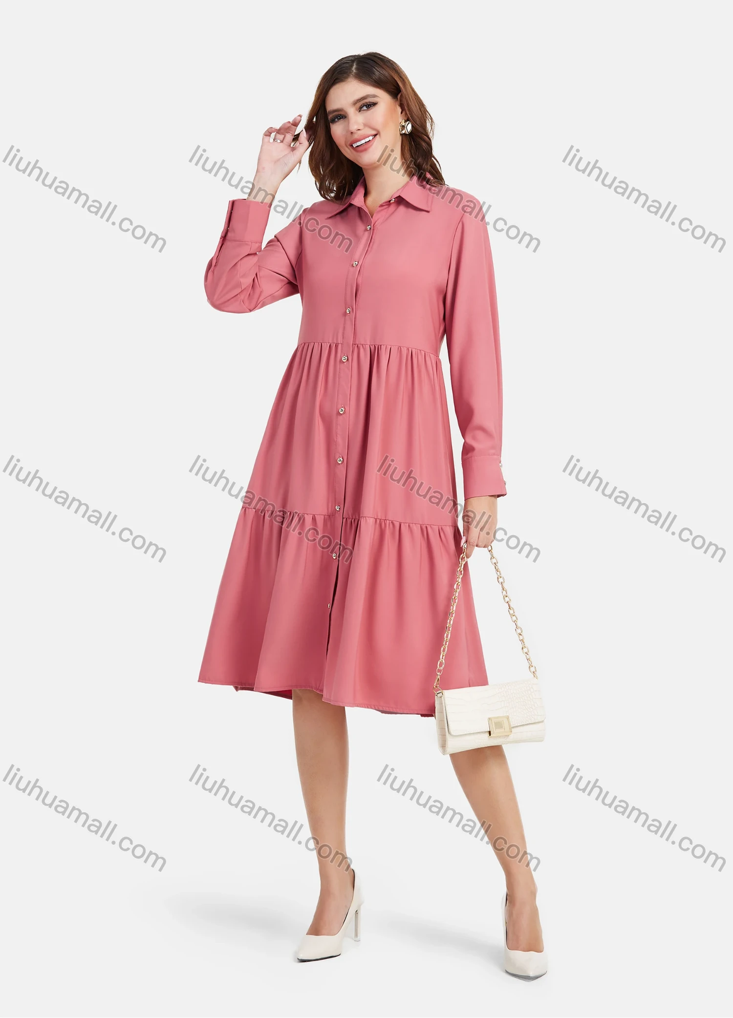 Wholesale Women's Plain Casual Button Down Long Sleeve Flared Hem Midi Shirt Dress - Liuhuamall