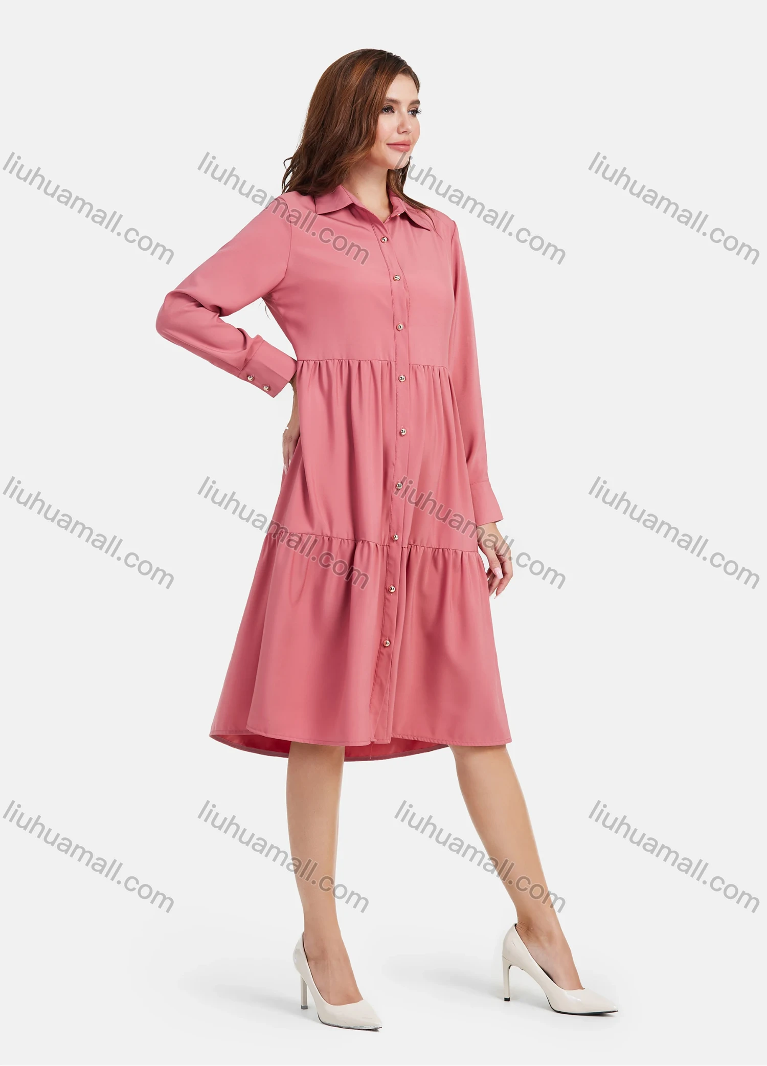 Wholesale Women's Plain Casual Button Down Long Sleeve Flared Hem Midi Shirt Dress - Liuhuamall