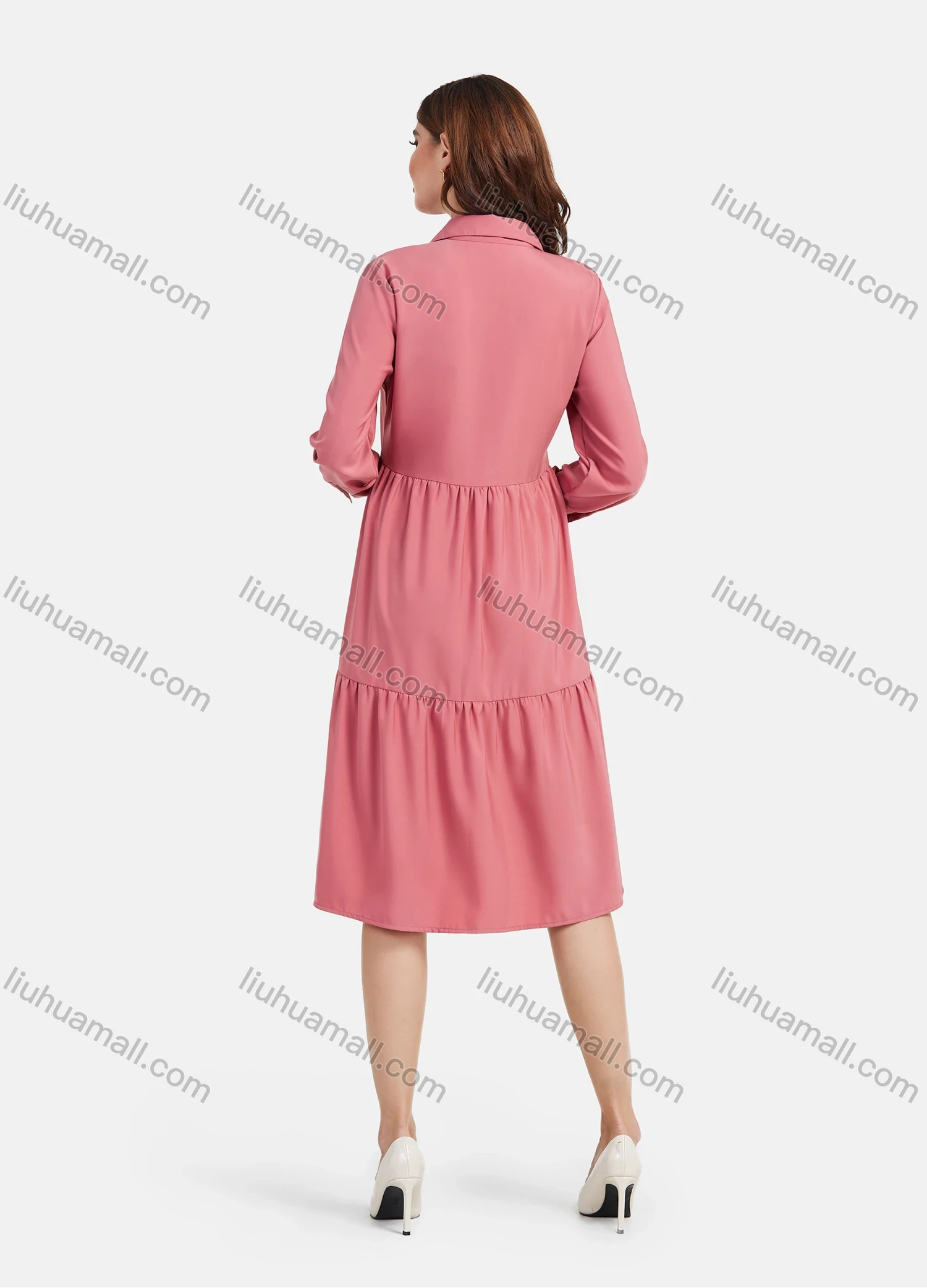 Wholesale Women's Plain Casual Button Down Long Sleeve Flared Hem Midi Shirt Dress - Liuhuamall