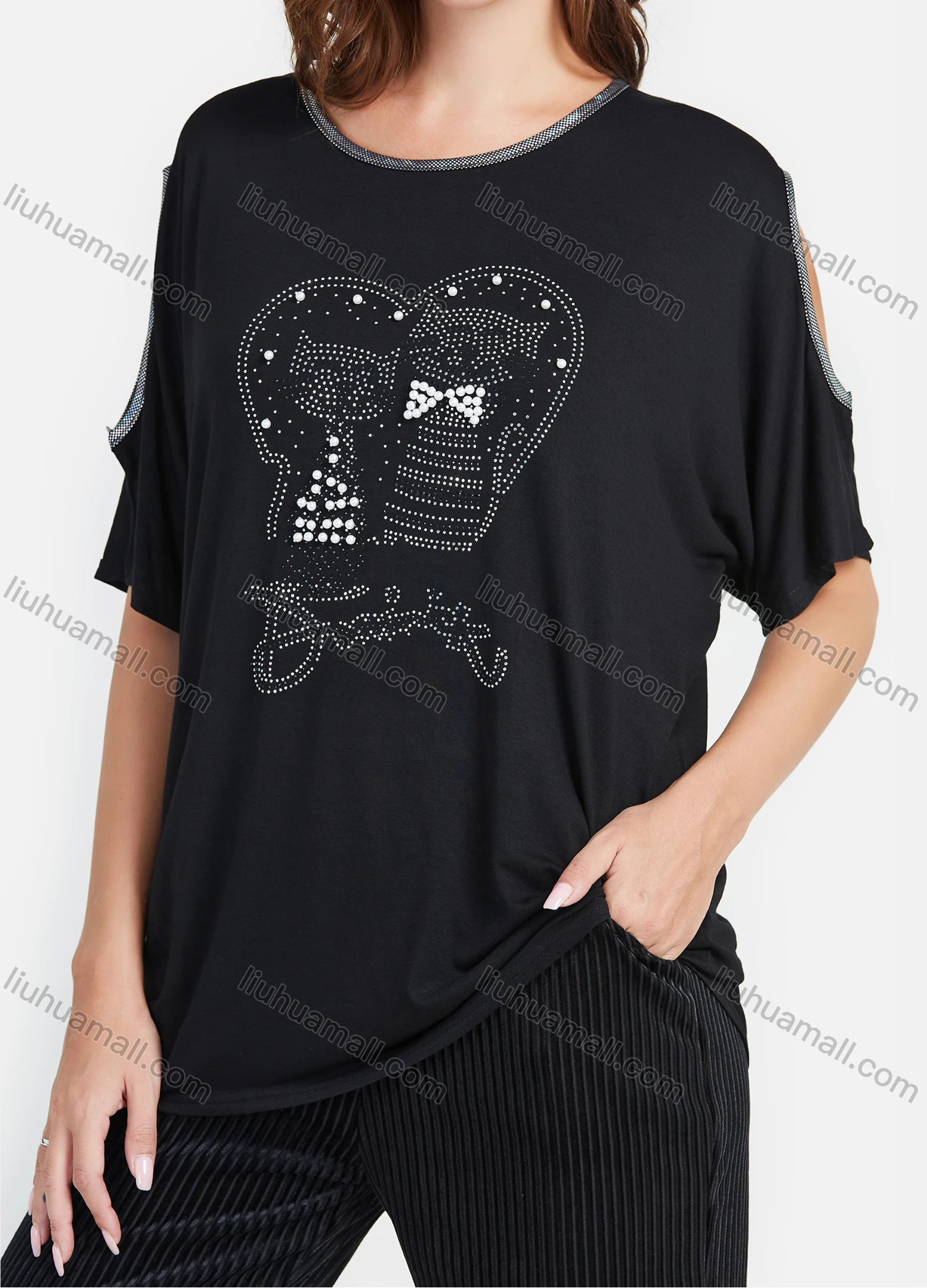 Wholesale Women's Casual Round Neck Cartoon Rhinestone Cold Shoulder Top - Liuhuamall