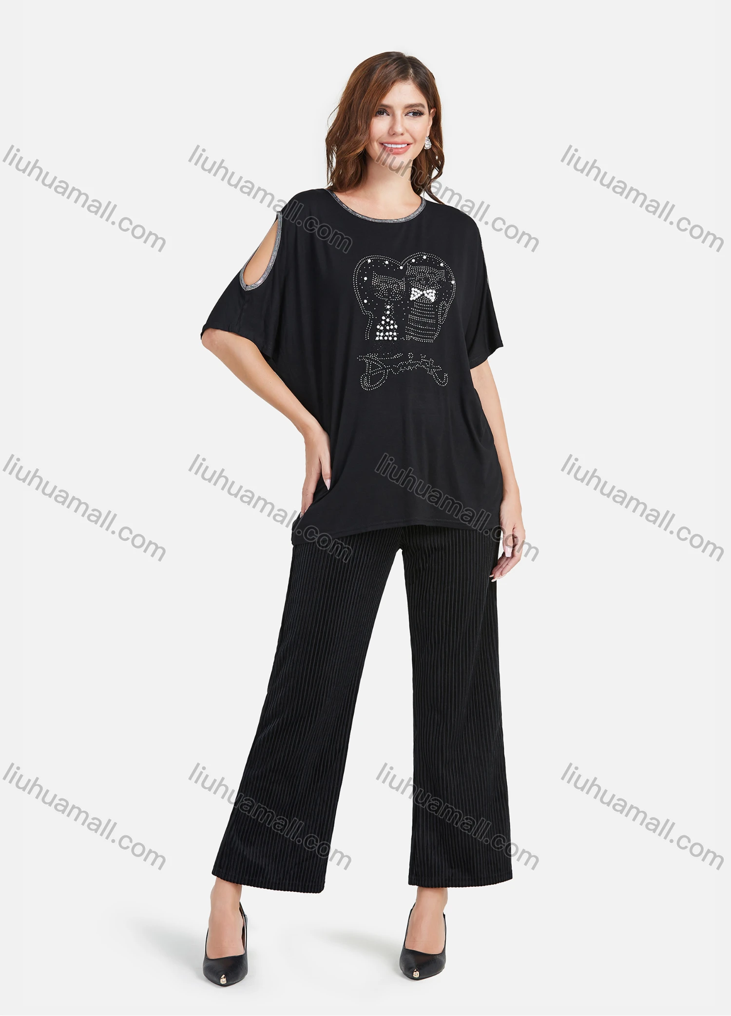 Wholesale Women's Casual Round Neck Cartoon Rhinestone Cold Shoulder Top - Liuhuamall