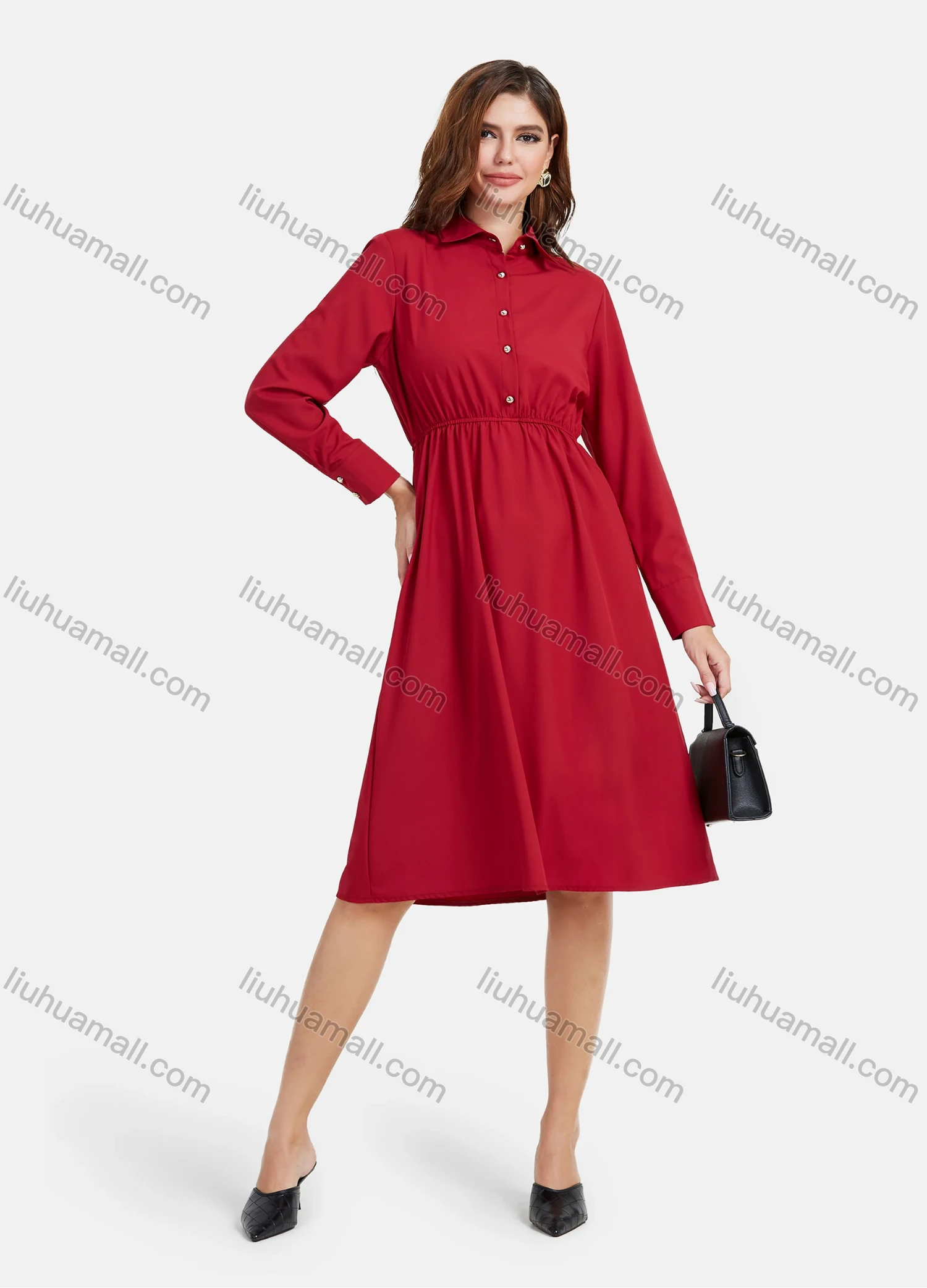 Wholesale Women's Plain Casual Button Front Long Sleeve Flared Hem Knee Length Shirt Dress - Liuhuamall