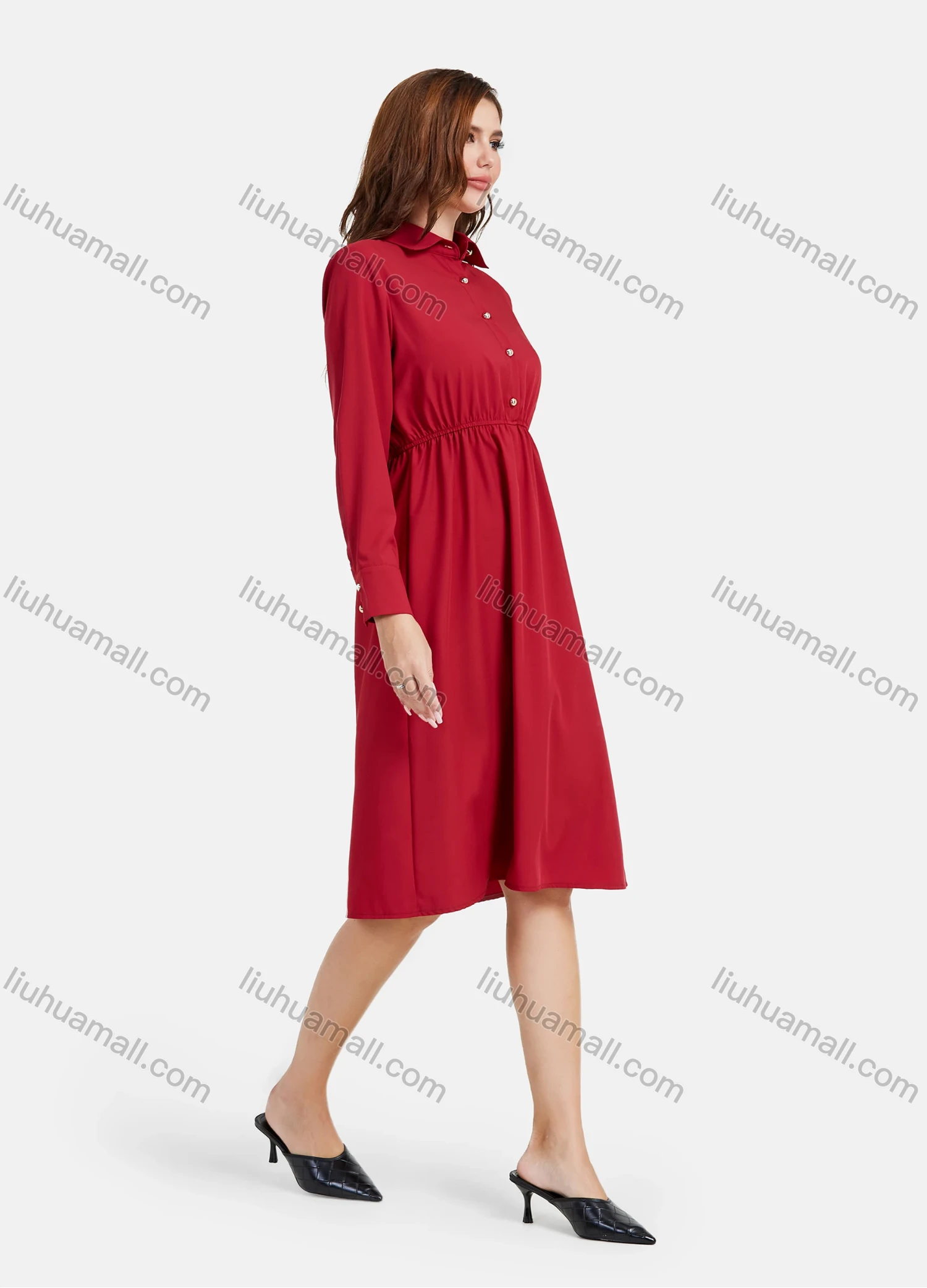 Wholesale Women's Plain Casual Button Front Long Sleeve Flared Hem Knee Length Shirt Dress - Liuhuamall