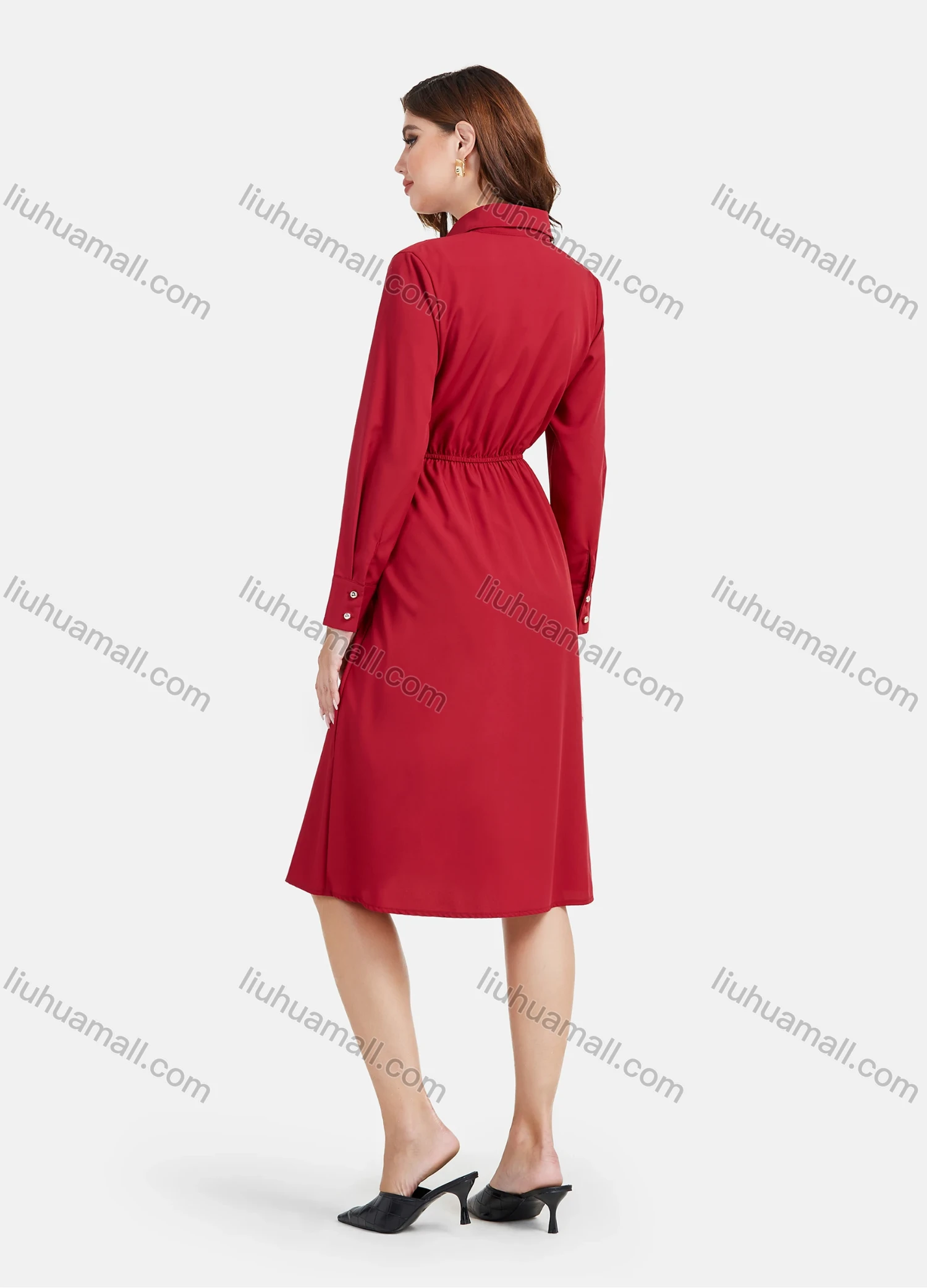 Wholesale Women's Plain Casual Button Front Long Sleeve Flared Hem Knee Length Shirt Dress - Liuhuamall