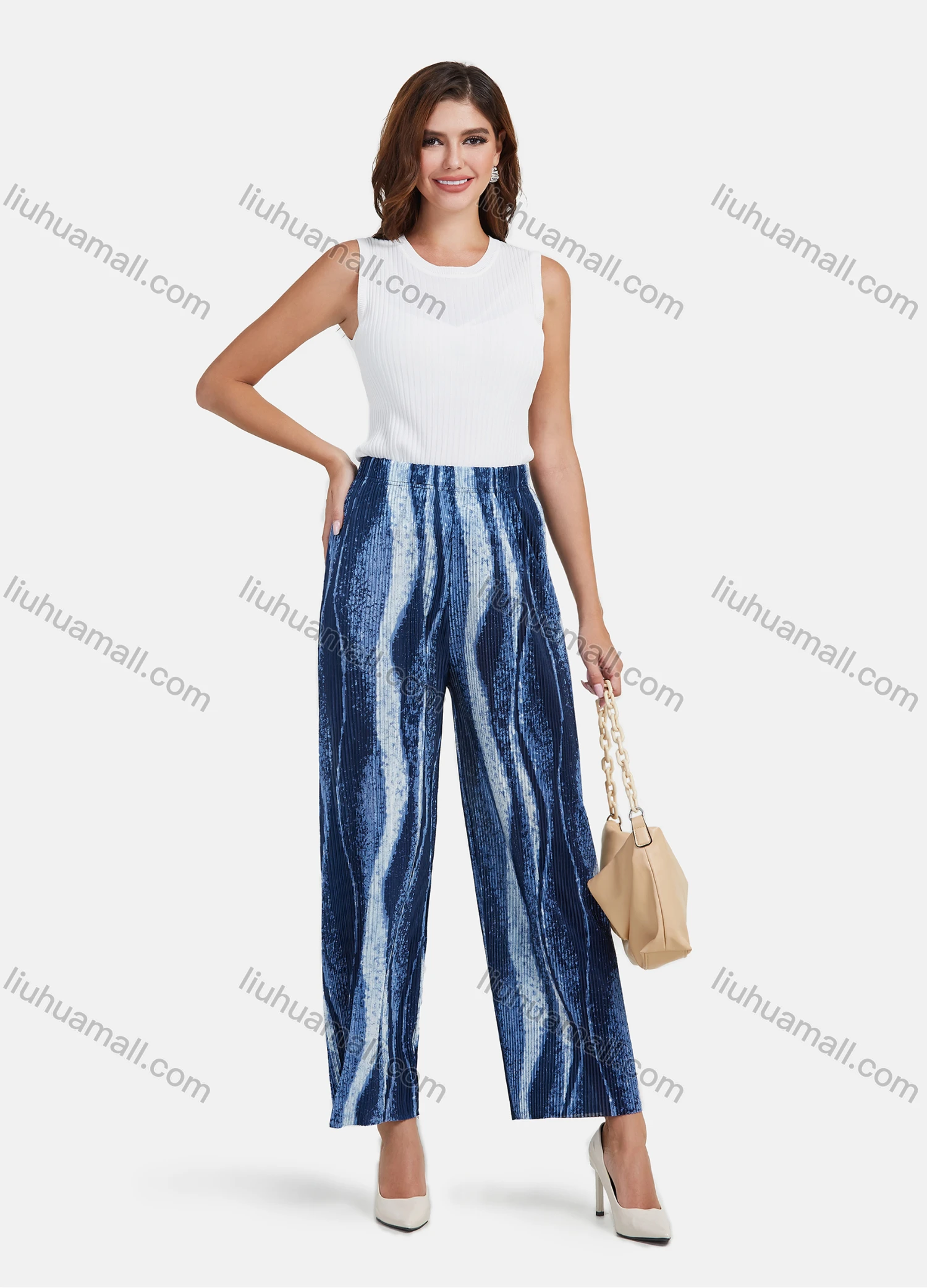 Wholesale Women's Casual Wave Print Elastic Waist Wide Leg Pants - Liuhuamall