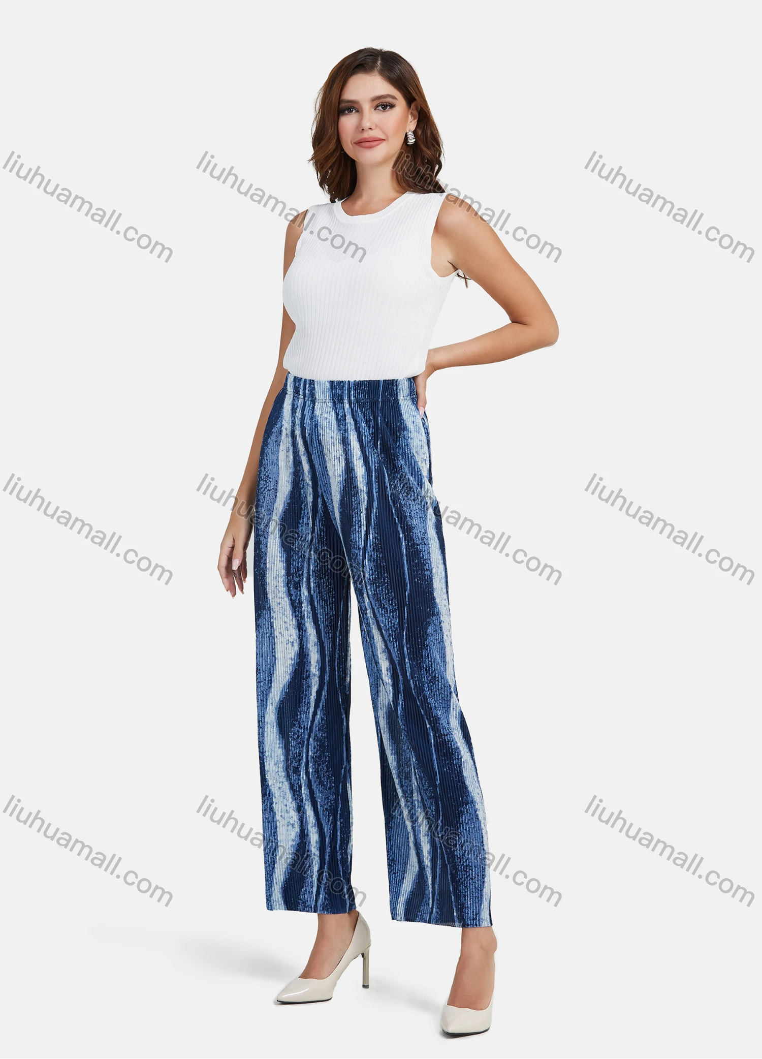 Wholesale Women's Casual Wave Print Elastic Waist Wide Leg Pants - Liuhuamall
