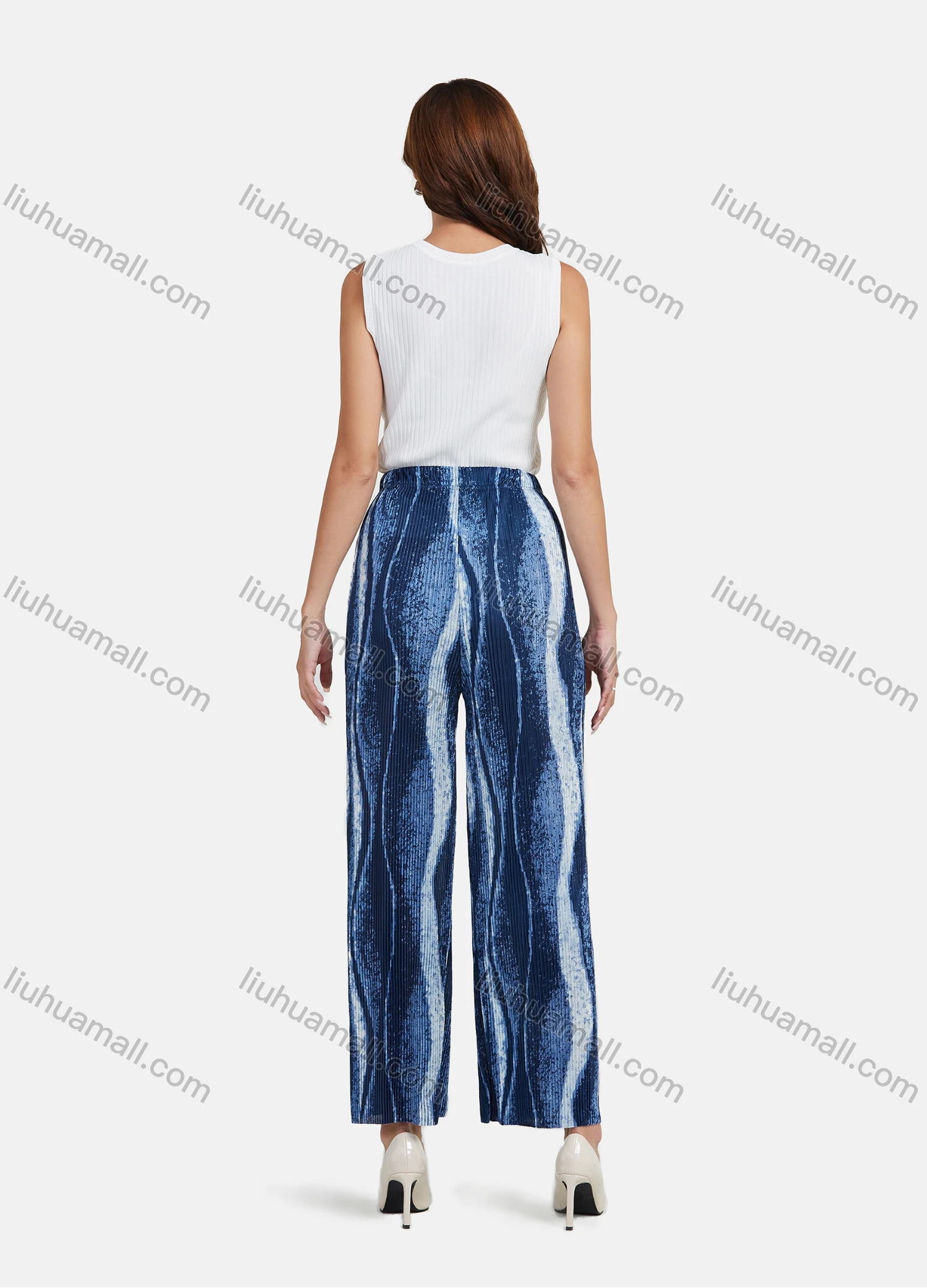 Wholesale Women's Casual Wave Print Elastic Waist Wide Leg Pants - Liuhuamall
