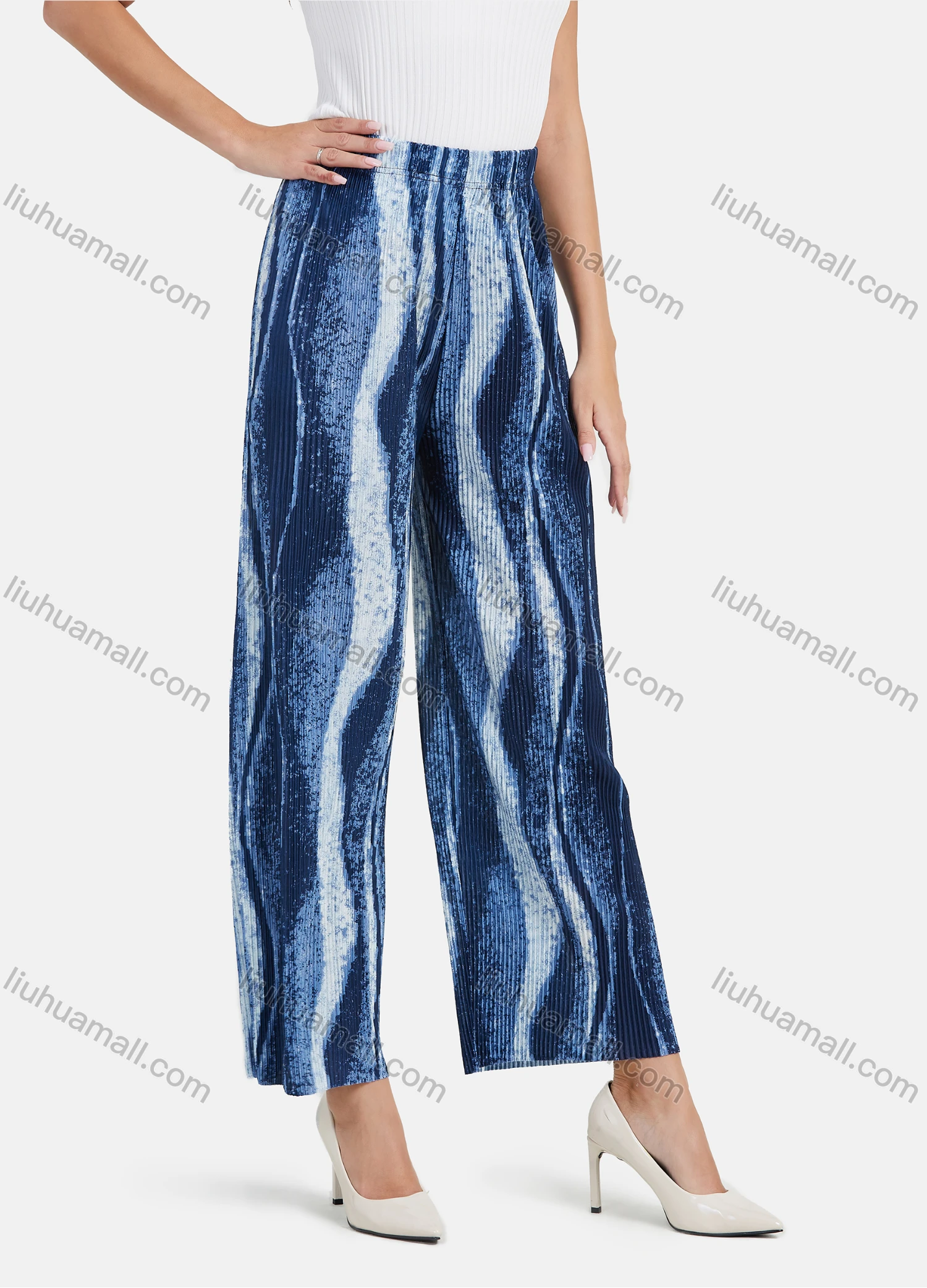 Wholesale Women's Casual Wave Print Elastic Waist Wide Leg Pants - Liuhuamall