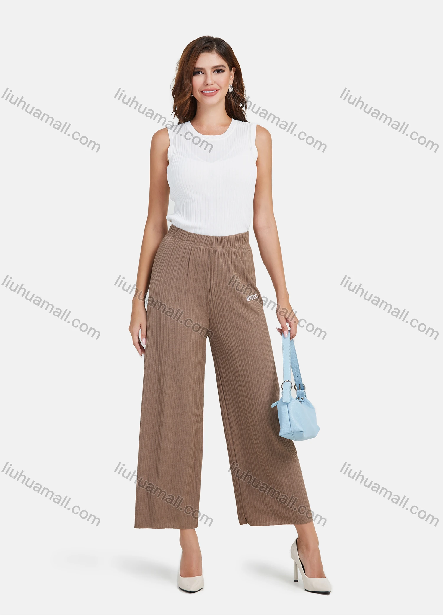 Wholesale Women's Casual Plain High Waist Letter Embroidery Wide Leg Pants - Liuhuamall