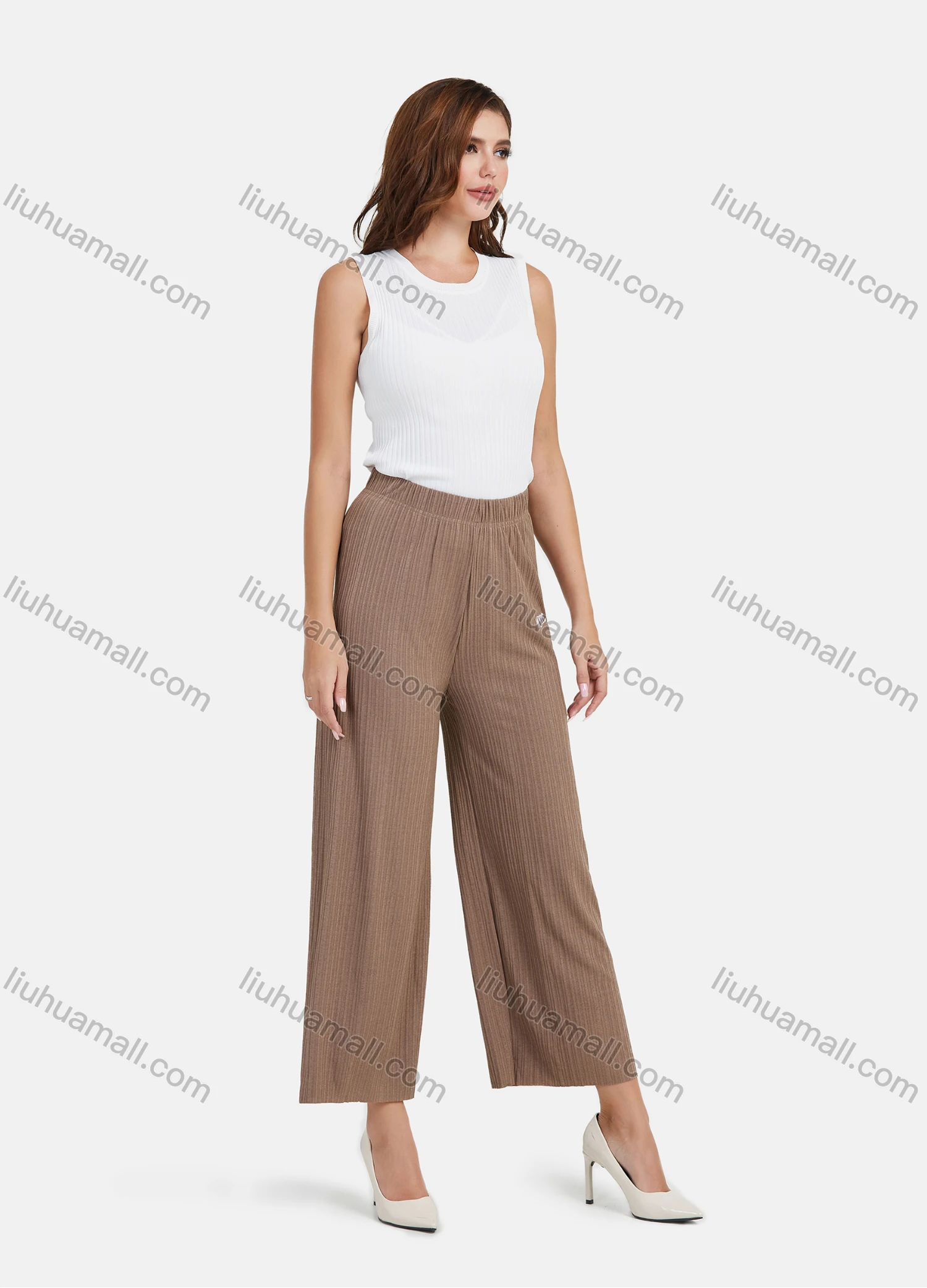 Wholesale Women's Casual Plain High Waist Letter Embroidery Wide Leg Pants - Liuhuamall