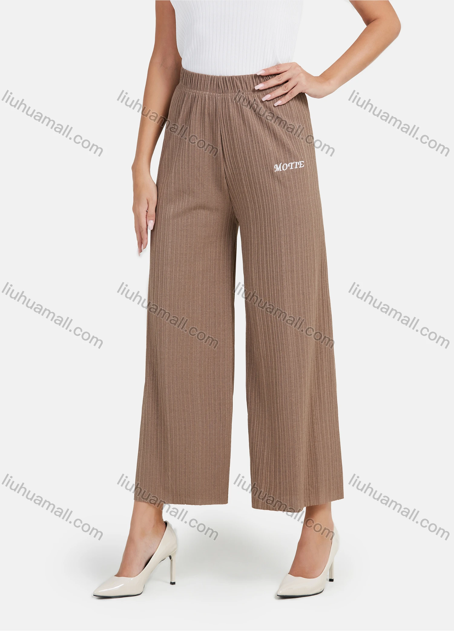 Wholesale Women's Casual Plain High Waist Letter Embroidery Wide Leg Pants - Liuhuamall