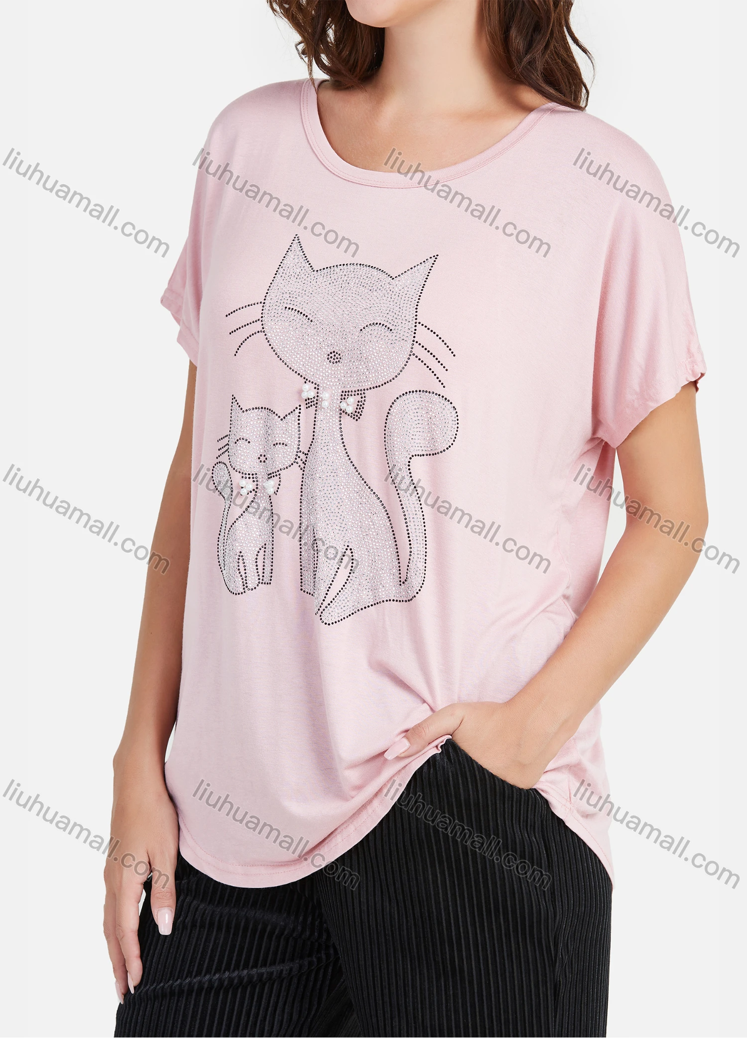 Wholesale Women's Casual Cartoon Print Rhinestone Pearl Decor Loose Fit Short Sleeve Tee - Liuhuamall