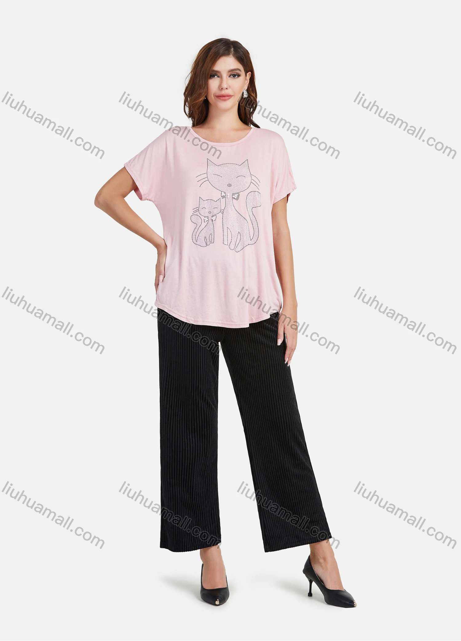 Wholesale Women's Casual Cartoon Print Rhinestone Pearl Decor Loose Fit Short Sleeve Tee - Liuhuamall