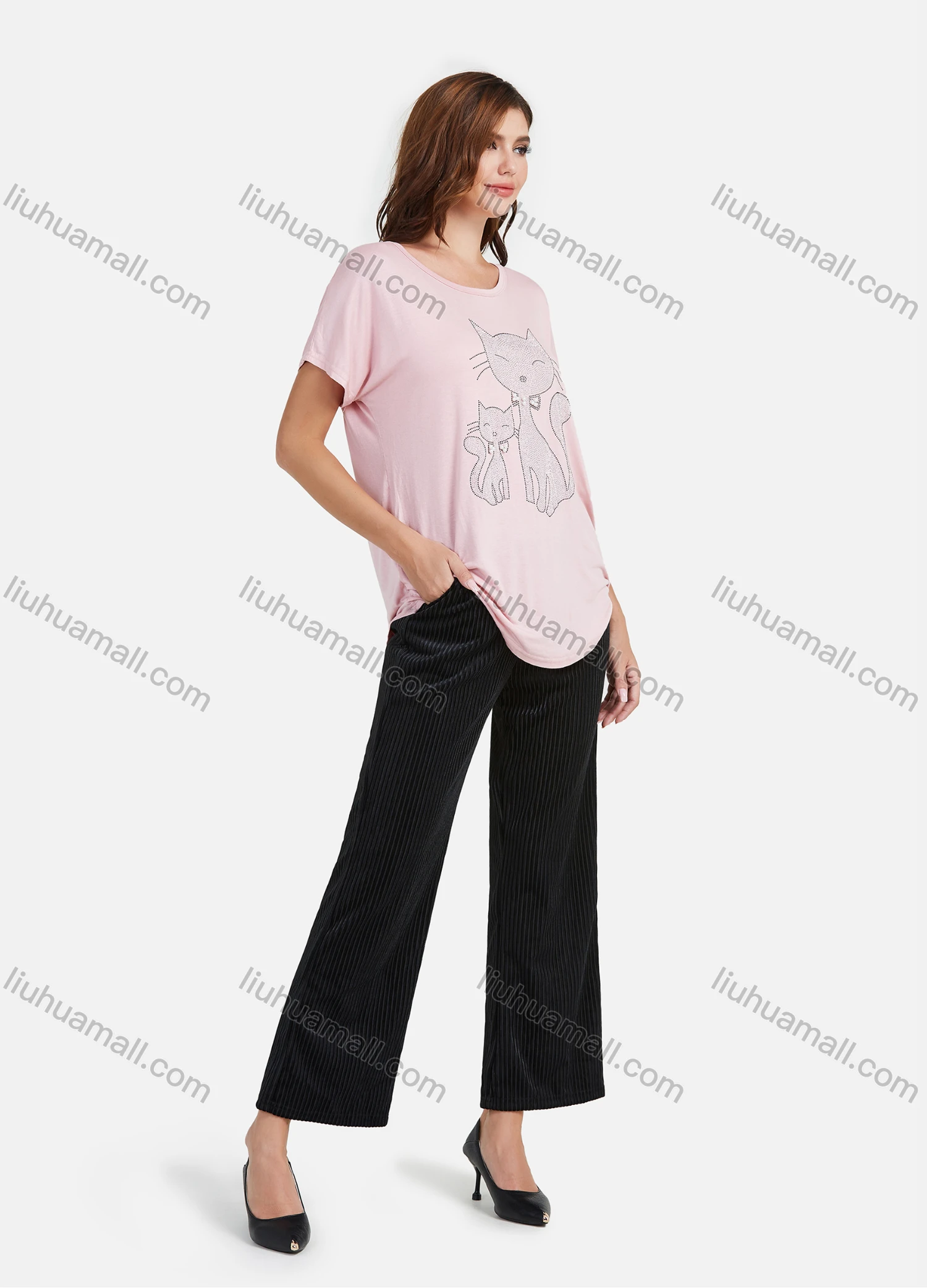 Wholesale Women's Casual Cartoon Print Rhinestone Pearl Decor Loose Fit Short Sleeve Tee - Liuhuamall