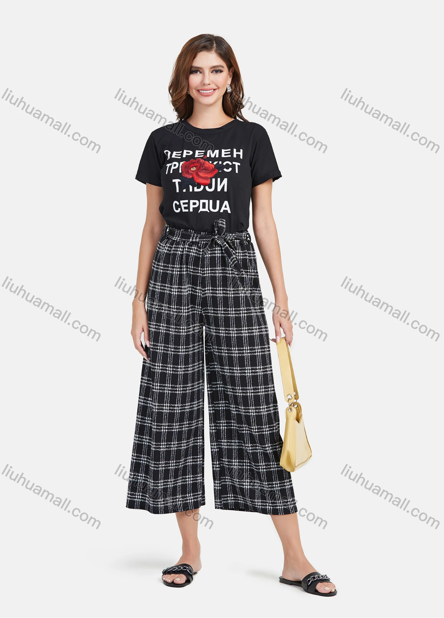 Wholesale Women's Casual Plaid Print High Waist Lace Up Wide Leg Pants - Liuhuamall
