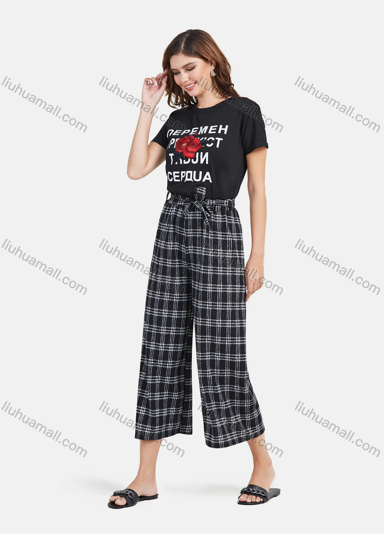 Wholesale Women's Casual Plaid Print High Waist Lace Up Wide Leg Pants - Liuhuamall