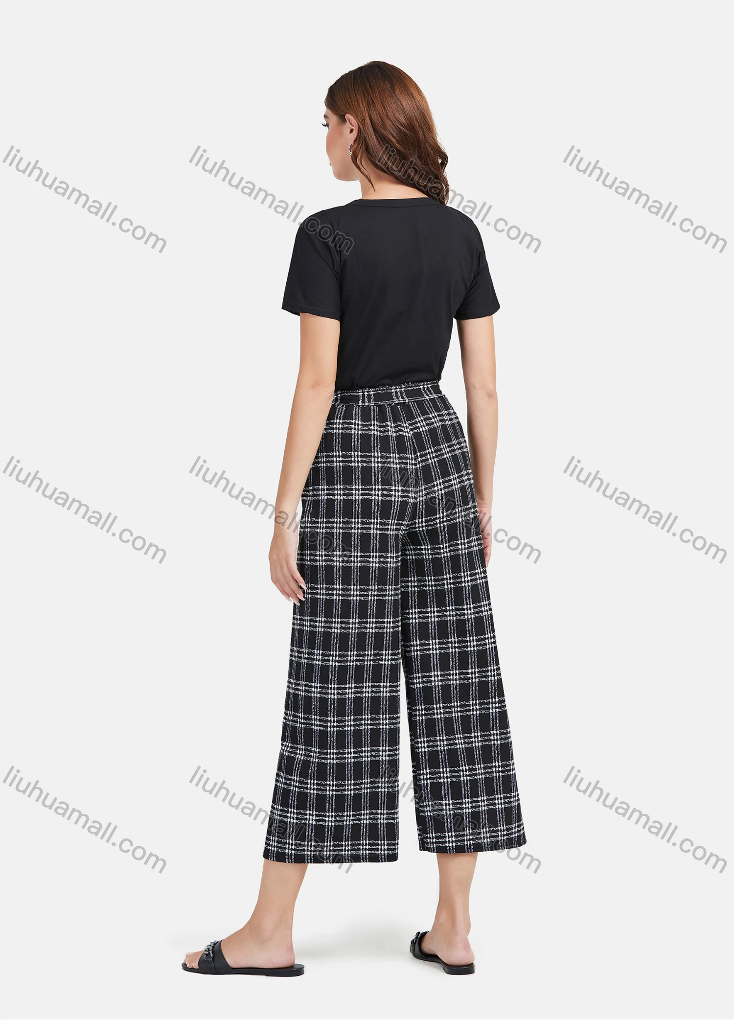 Wholesale Women's Casual Plaid Print High Waist Lace Up Wide Leg Pants - Liuhuamall
