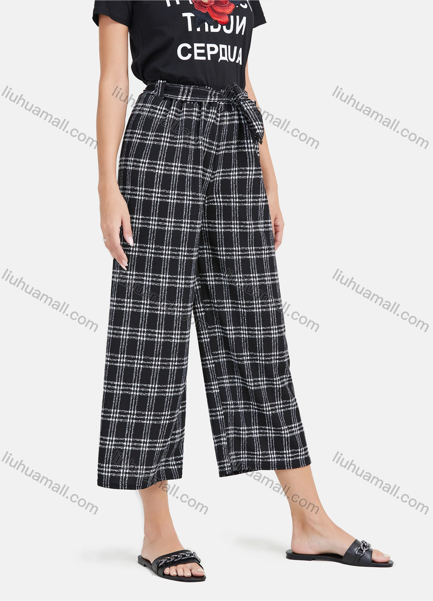 Wholesale Women's Casual Plaid Print High Waist Lace Up Wide Leg Pants - Liuhuamall