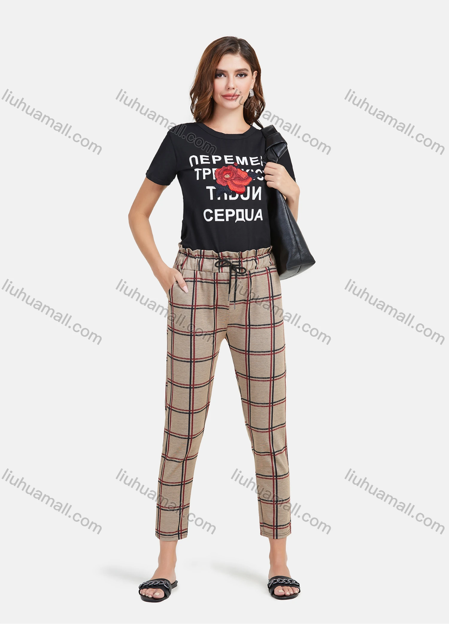Wholesale Women's Casual Plaid Print Drawstring Waist Pencil Pants - Liuhuamall