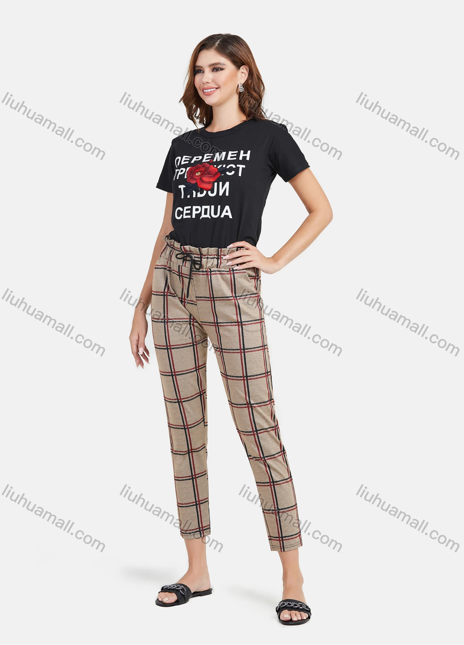 Wholesale Women's Casual Plaid Print Drawstring Waist Pencil Pants - Liuhuamall