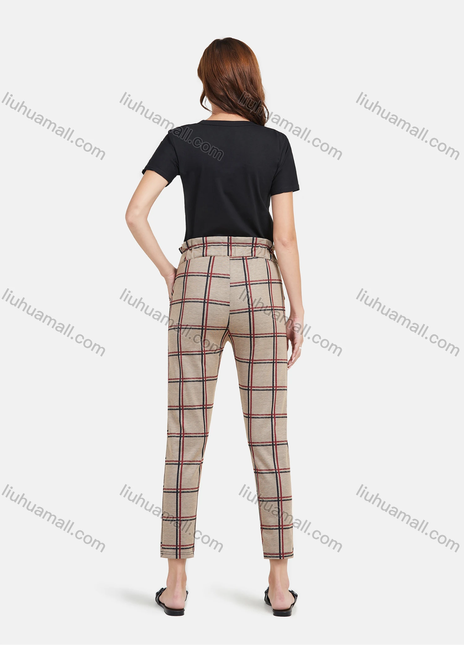 Wholesale Women's Casual Plaid Print Drawstring Waist Pencil Pants - Liuhuamall