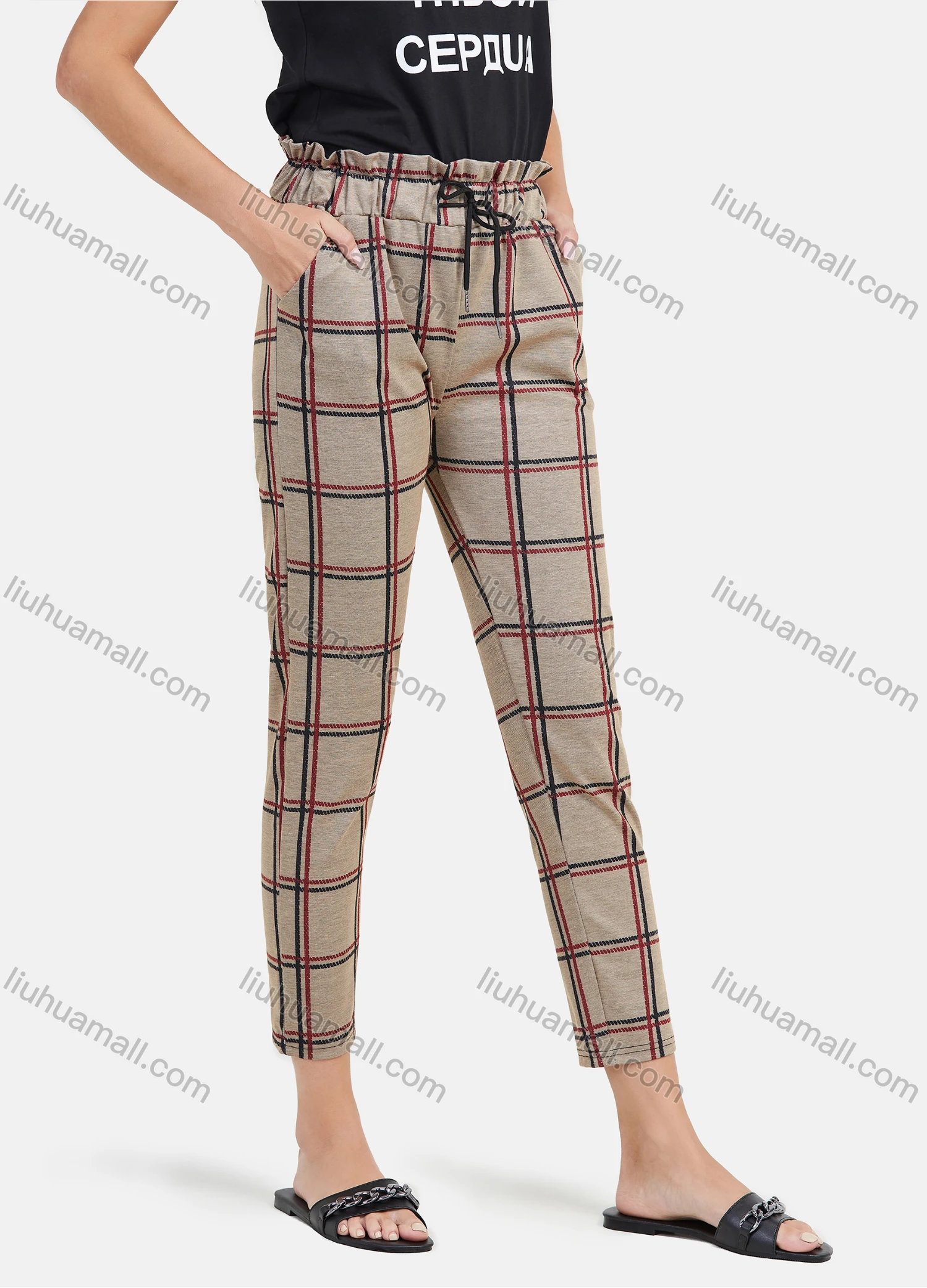 Wholesale Women's Casual Plaid Print Drawstring Waist Pencil Pants - Liuhuamall