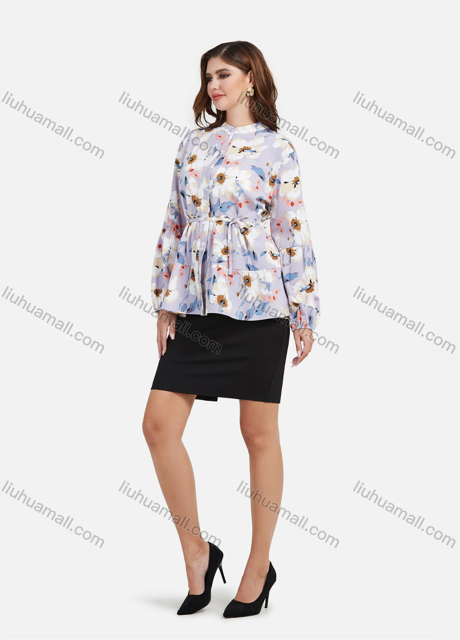 Wholesale Women's Casual Floral Print Button Down Long Sleeve Ruffle Hem Blouse With Belt - Liuhuamall