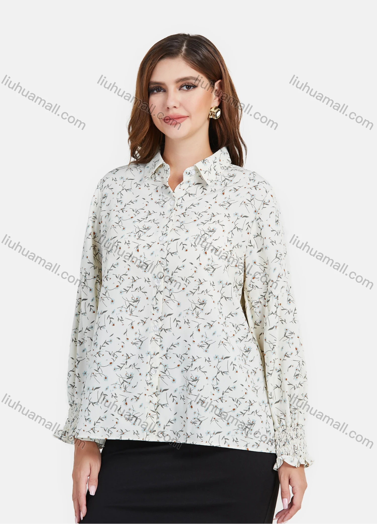 Wholesale Women's Casual Poet Sleeve Floral Print Button Down Shirt - Liuhuamall