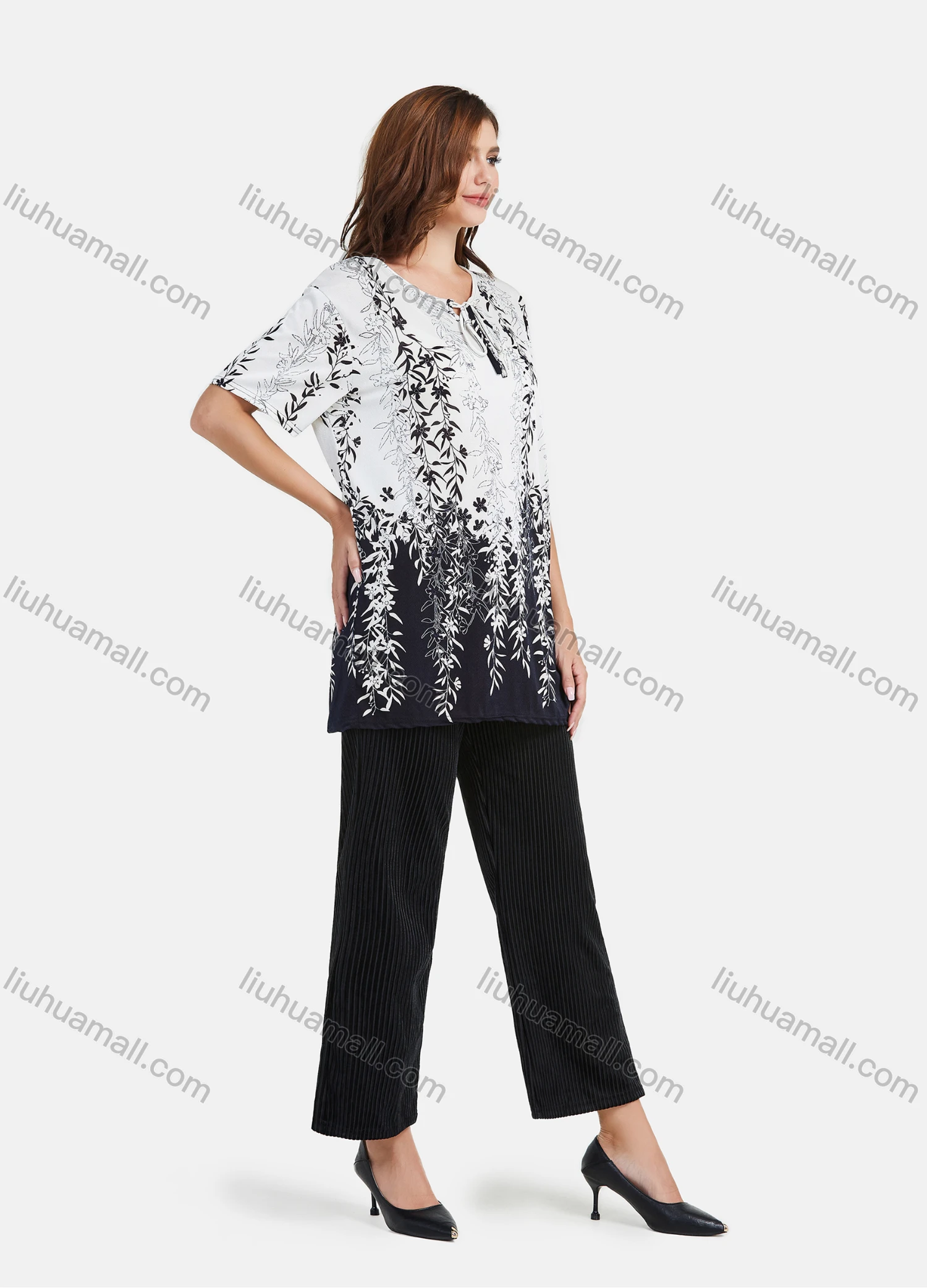 Wholesale Women's Front Tie Plants Print Short Sleeve Round Neck Loose Fit Blouse - Liuhuamall