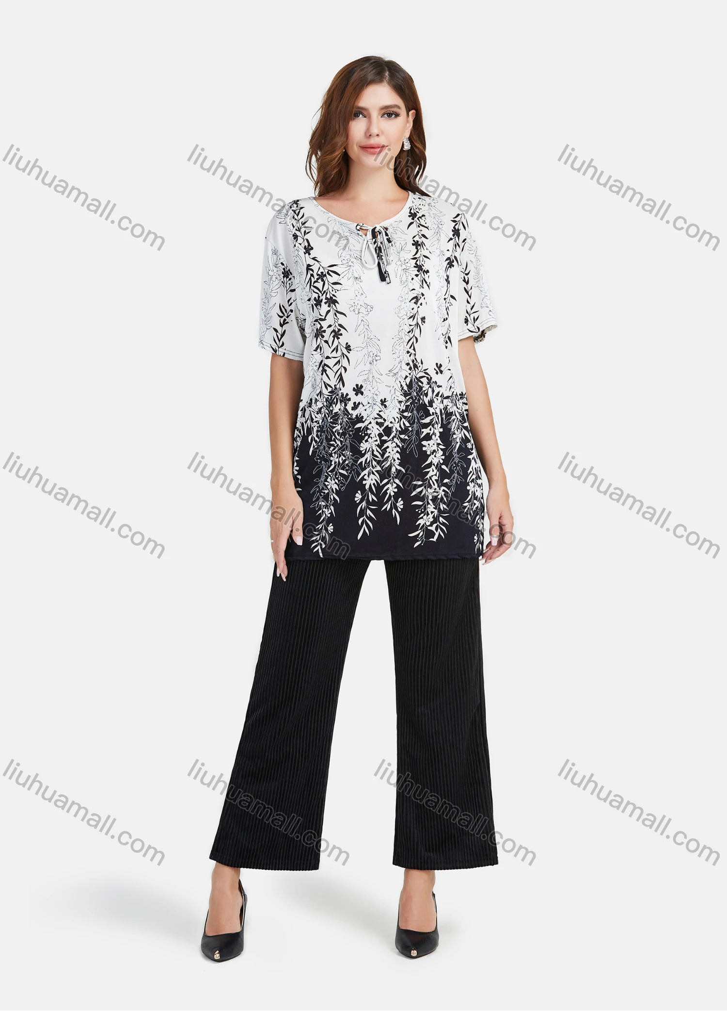 Wholesale Women's Front Tie Plants Print Short Sleeve Round Neck Loose Fit Blouse - Liuhuamall