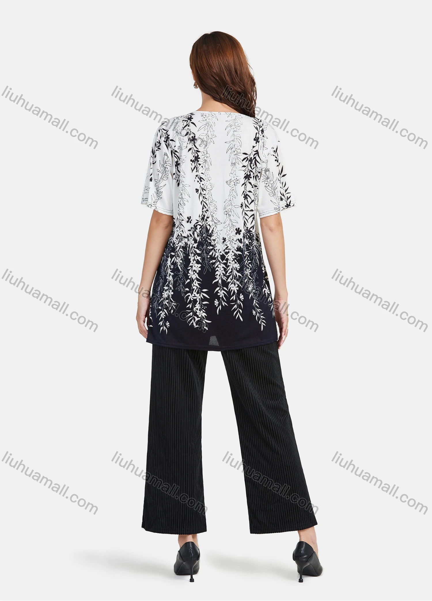 Wholesale Women's Front Tie Plants Print Short Sleeve Round Neck Loose Fit Blouse - Liuhuamall