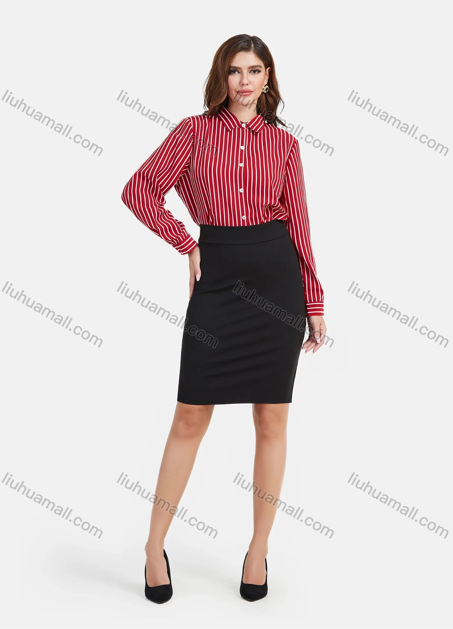 Wholesale Women's Casul Striped Print Long Sleeve Button Down Shirt - Liuhuamall