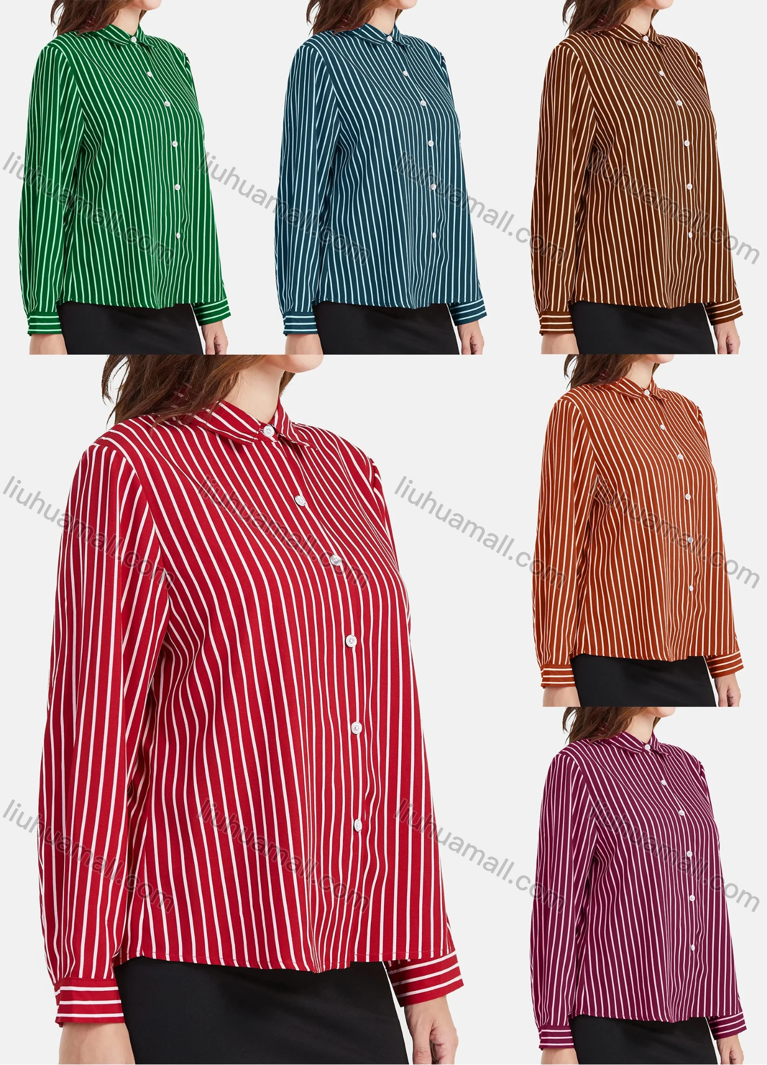 Wholesale Women's Casul Striped Print Long Sleeve Button Down Shirt - Liuhuamall